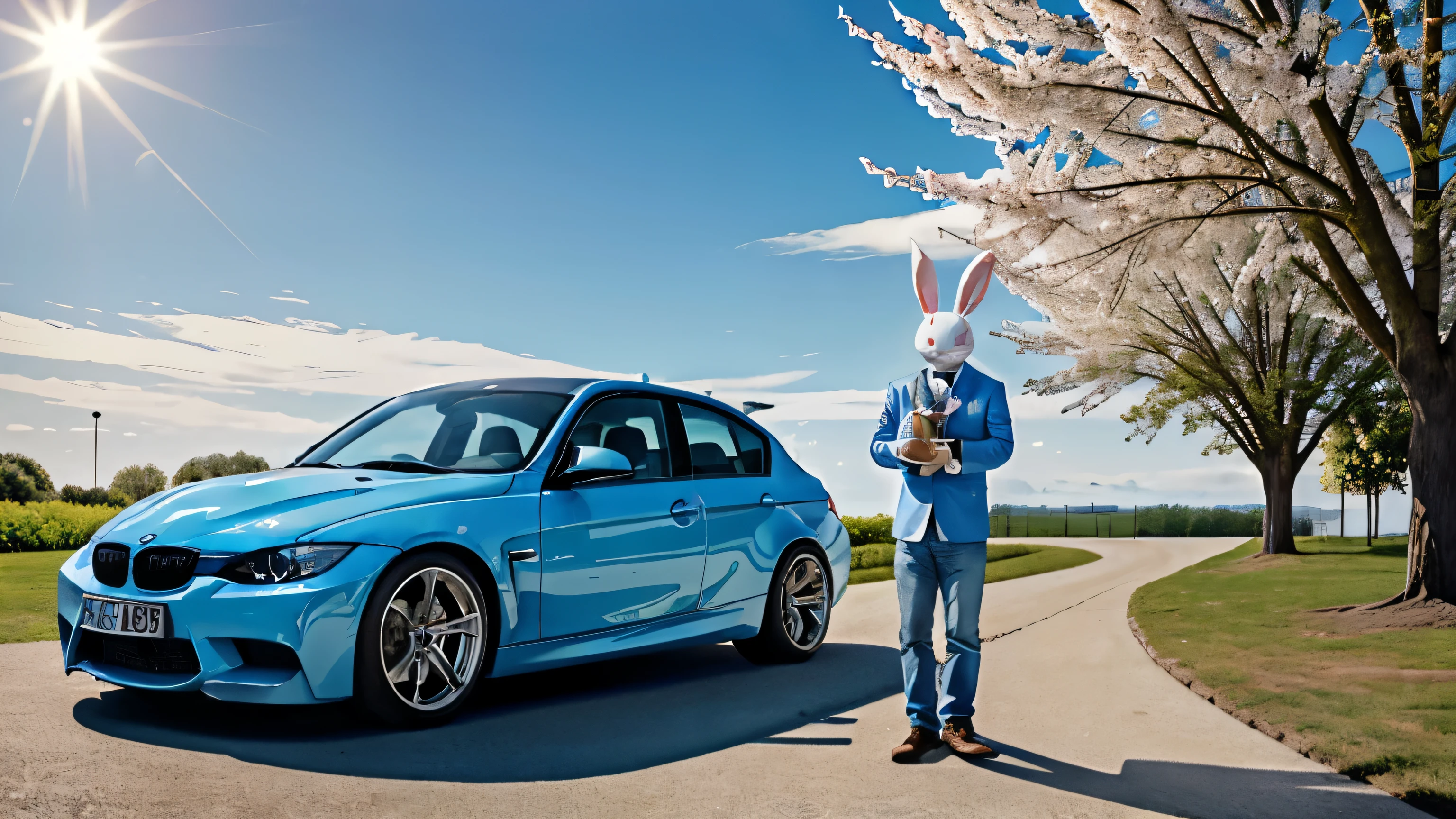 (Best quality, ultra-detailed: 1.1), Easter Bunny (Easter Bunny) with a blue BMW Series M3 car, holds oversized eggs in hands.
(Photorealistic, high-resolution: 1.5), The Easter Bunny, an anthropomorphic rabbit, dons a charming smile as he proudly clutches oversized eggs in both hands. He stands next to a sleek, blue BMW Series M3 car, its shiny surface reflecting the bright spring sunlight.
((Masterpiece:1.5)), A stunning masterpiece of a scene: The vibrant, detailed Easter Bunny, complete with a smiling