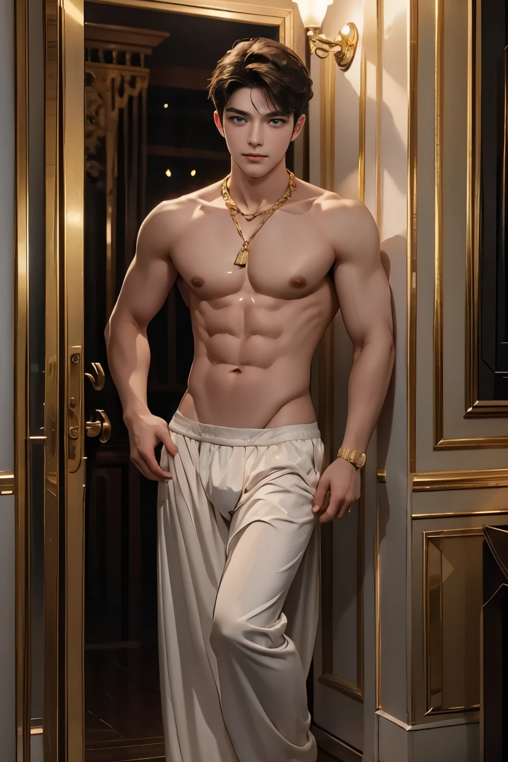 (Masterpiece, Best quality:1.2), 1 person, Solo attractive guy with heavenly colored eyes, delicate brown hair, magic , seductive look, mysterious smile with a smirk, very beautiful face , Detailed face image, big long nipples on the chest , full body shot, full body Naked ,Handsome guy! diamond in ear. gold chain around the neck, full-length photo portrait of a cute boy of the highest quality!