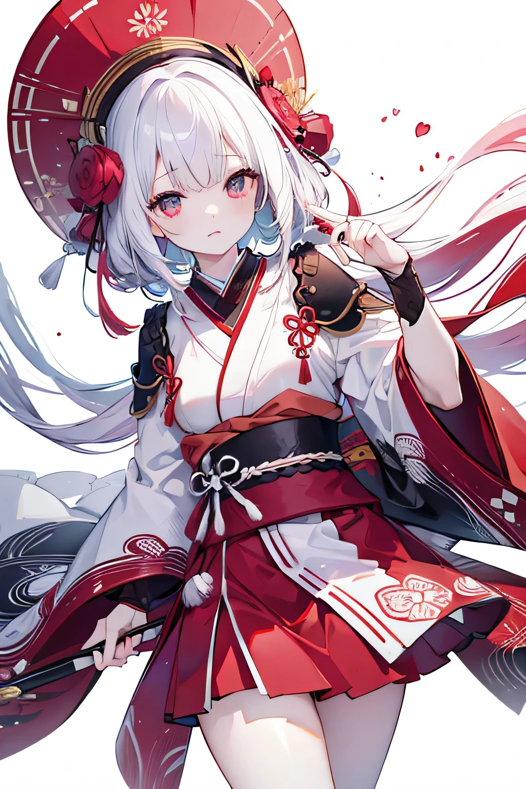 (((white background、White world)))、、unity 8k wallpaper、Super detailed、beautiful beautiful、masterpiece、highest quality、(tangled、mandala、tangle、tangle)、(fractal art:1.3)、one girl、beautiful black hair、Japanese、big pink、red kimono、Japanese clothing、very detailed、dynamic angle、cowboy shot、The most beautiful things form chaos、elegant、brutal design、bright colors、romance、atmosphere、ecstasy note、Streaming music notes will be displayed、(((white background、pure white background、Red circle)))