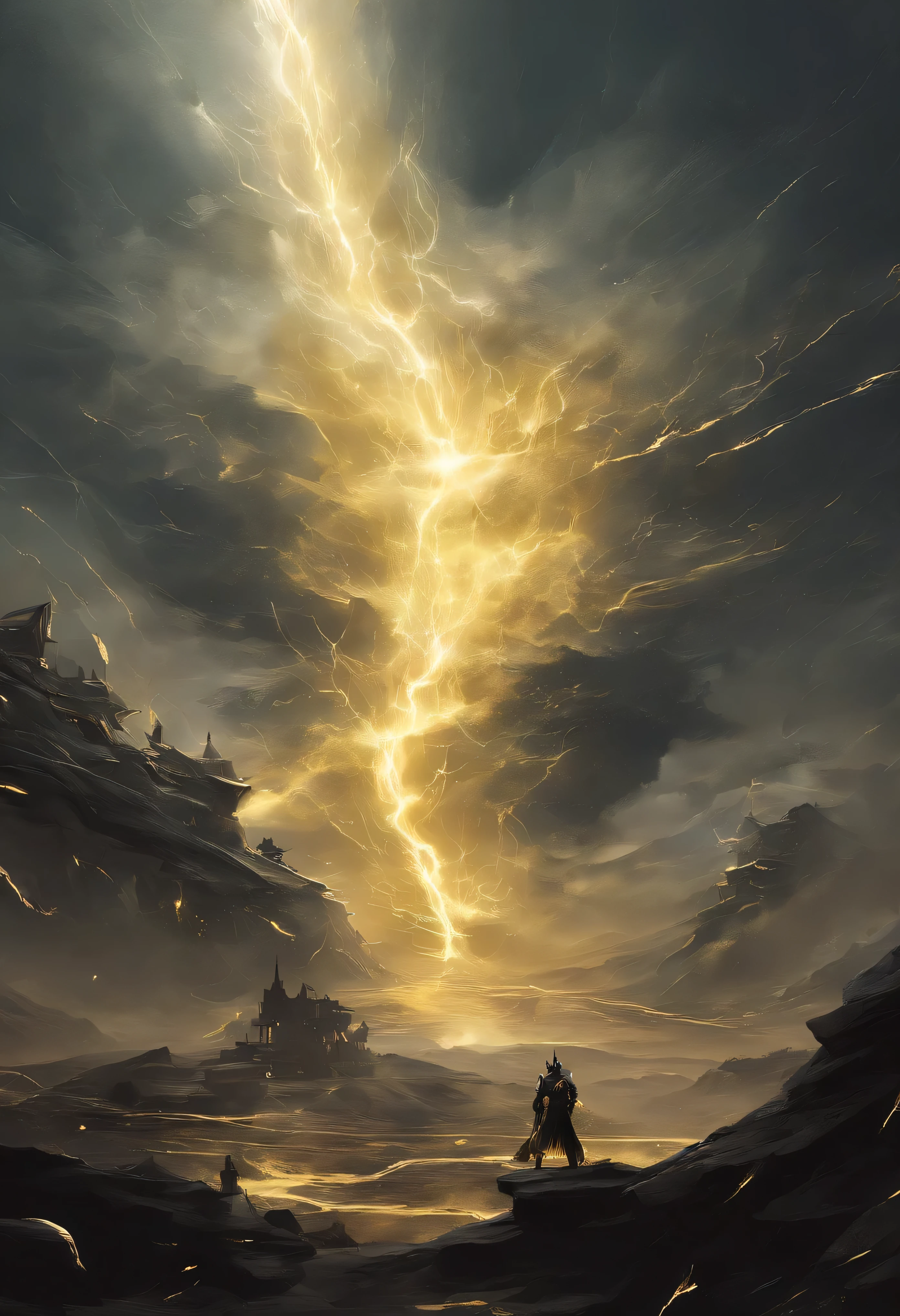 Black gold thunder and 闪电，thunder clouds，Ray gun，destroy，Splitting the Mountains，Electric light，universe，transcend，Gold World，goldabyss，surface，horizon，City of gold，Surreal，gold，gold tree，abyss