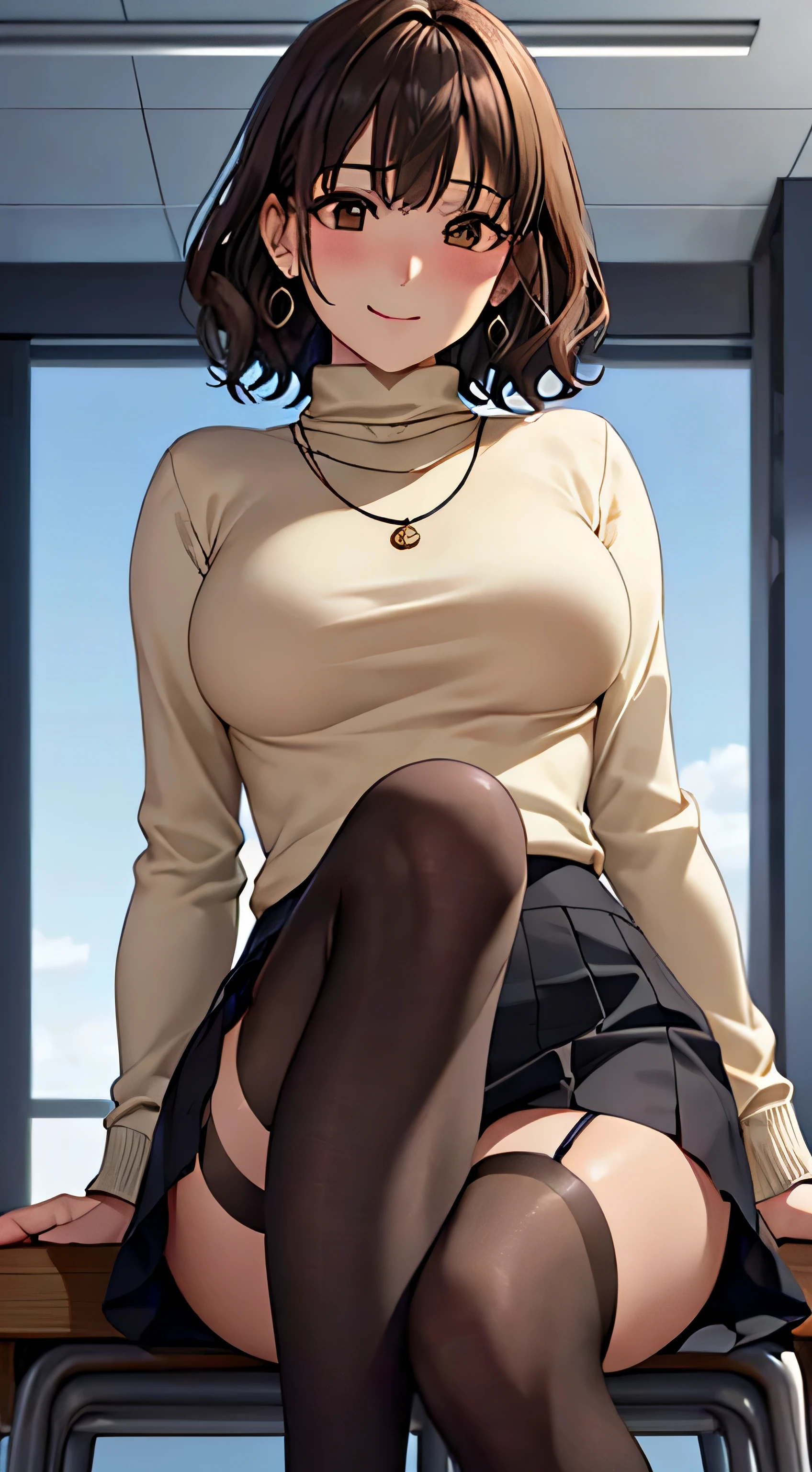 (table top, highest quality, High resolution, , perfect pixel, 4k,), 1 girl, single, alone, Beautiful woman、I could see the whole body、 ((wavy short hair, bangs, brown hair)), ((brown eyes, beautiful eyelashes, realistic eyes)), ((detailed face, blush:1.2)), ((smooth texture:0.75, realistic texture:0.65, realistic:1.1, Anime CG style)), medium breasts, dynamic angle, perfect body, ((, female teacher, , earrings、necklace、White turtleneck sweater、black long flare skirt、black knee high stockings、open both legs wide、、shy smile、sit at a desk in the classroom、touch your chest with both hands)), Upper grade、、、evening、、(Yellow lace panties are visible、、、angle from below)、