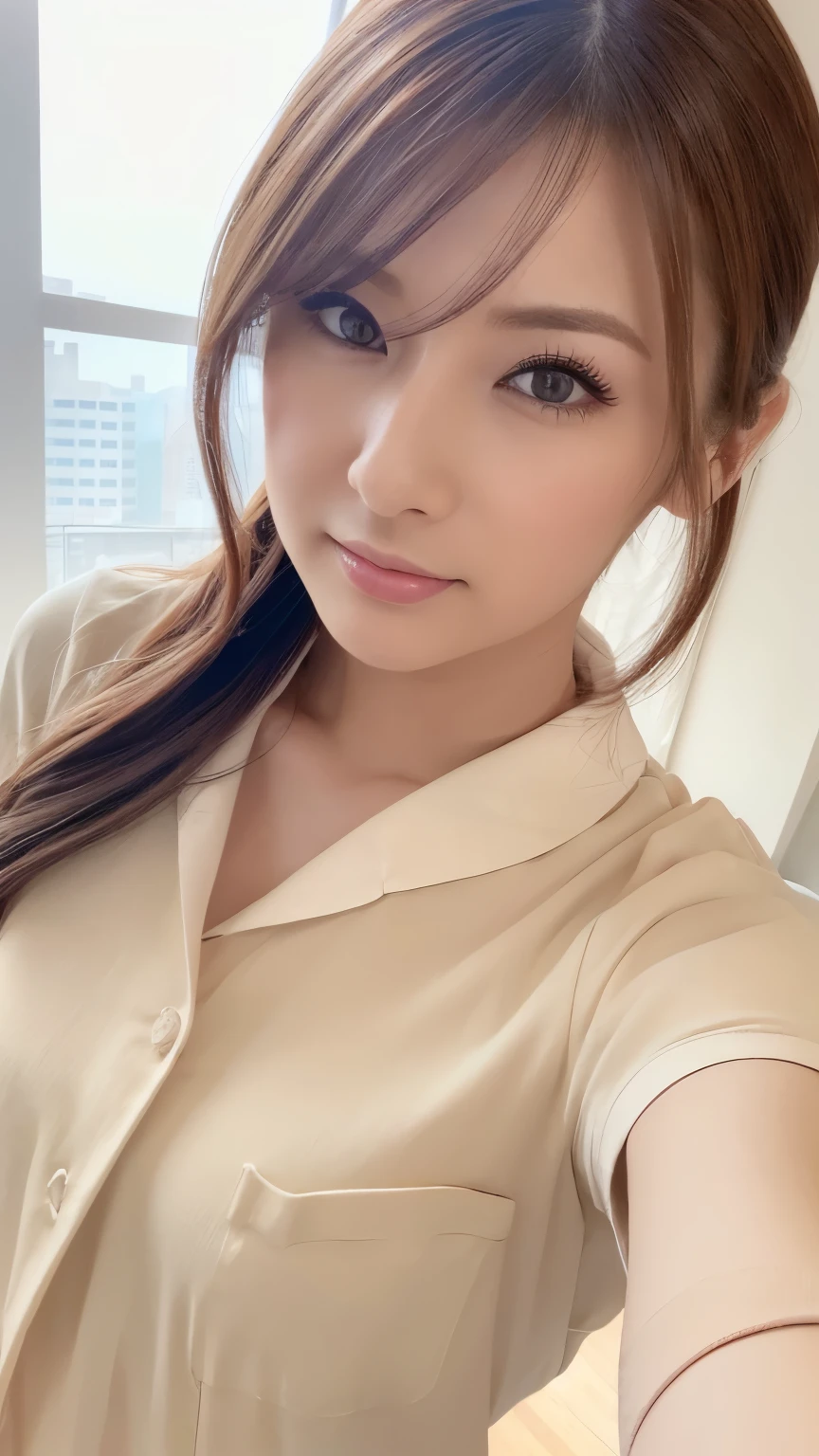 (UHD, masterpiece, anatomically correct, textured skin, super detail, best quality, highres, 8k, bloom, Front Light), (Cute and sexy 24 year old nurse, sexy face, distant eyes, Gentle eyelids, thin eyebrows, Gentle corners of the eyes, beautiful aquiline nose:1.4, completely charm you, Eyes that feel erotic, A taste of beautiful eroticism, Too cute beauty), (brown hair, long hair, french twist hair, bangs), (gal makeup, eyeliner, lip gloss), (Medium chest, Slender proportions), (looking at the camera, Photographed from the front:1.3, extreme close up), (nurse, 純白のnurse服, nurseキャップ), (hospital, hospital room, standing near the big window), beautiful skin of wheat color:1.4, smile, nurse uniform, nurse cap, Kitagawa Keiko:0.5