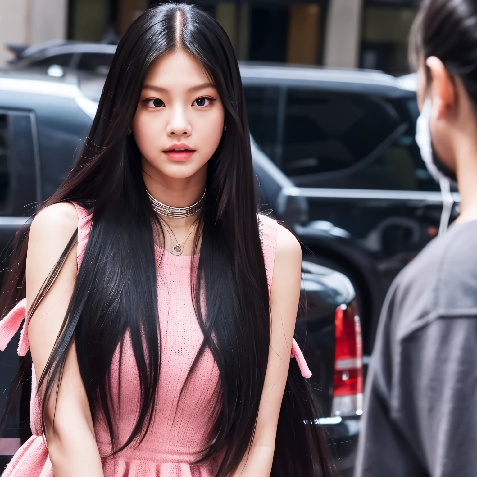 Jennie from blackpink with long black hair looking at the camera, lleva un vestido rosa y algunos lazos en su cabello