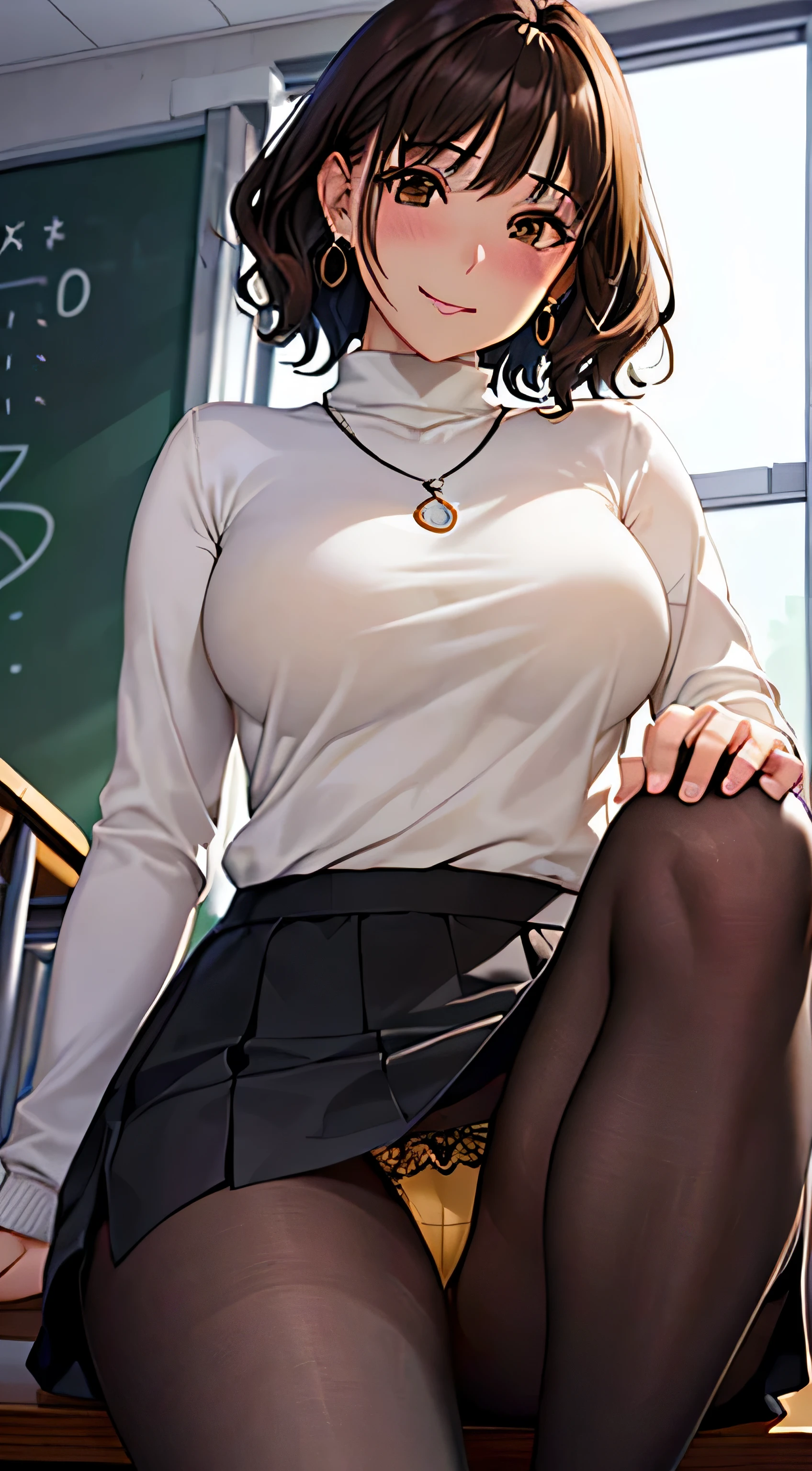 (table top, highest quality, High resolution, , perfect pixel, 4k,), 1 girl, single, alone, Beautiful woman、I could see the whole body、 ((wavy short hair, bangs, brown hair)), ((brown eyes, beautiful eyelashes, realistic eyes)), ((detailed face, blush:1.2)), ((smooth texture:0.75, realistic texture:0.65, realistic:1.1, Anime CG style)), medium breasts, dynamic angle, perfect body, ((, female teacher, , earrings、necklace、White turtleneck sweater、black long flare skirt、black knee high stockings、open both legs wide、、shy smile、sit at a desk in the classroom、touch your chest with both hands)), Upper 、、、evening、、(Yellow lace panties are visible、、、angle from below)、