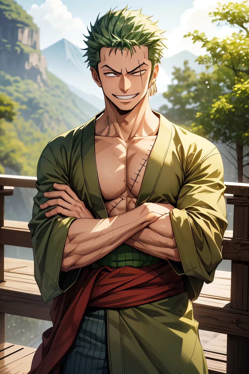 (masterpiece, best quality:1.2), cowboy shot, solo, male focus, 1boy, roronoa zoro, scar, muscular male, grin, looking at viewer, )crossed arms, japanese clothes, green kimono,make the hands fit prefect