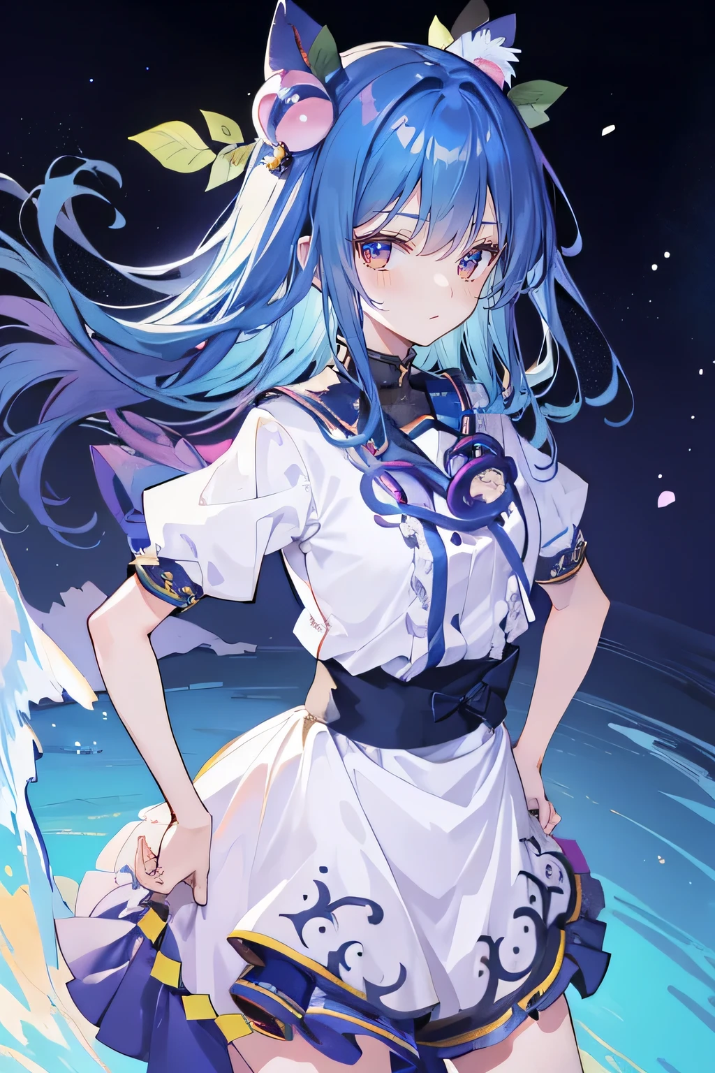 (masterpiece),best quality, expressive eyes, perfect face, 1girl,
 Put your hands on your waist,fair, Gorgeous,Japanese cartoons,girl,lola,Hina Angel, blue hair, blue haired, floating clothes,Grab your waist, Grab your waist, hands on hips , hands on hips,flat chest,sit on the floor,starry sky,