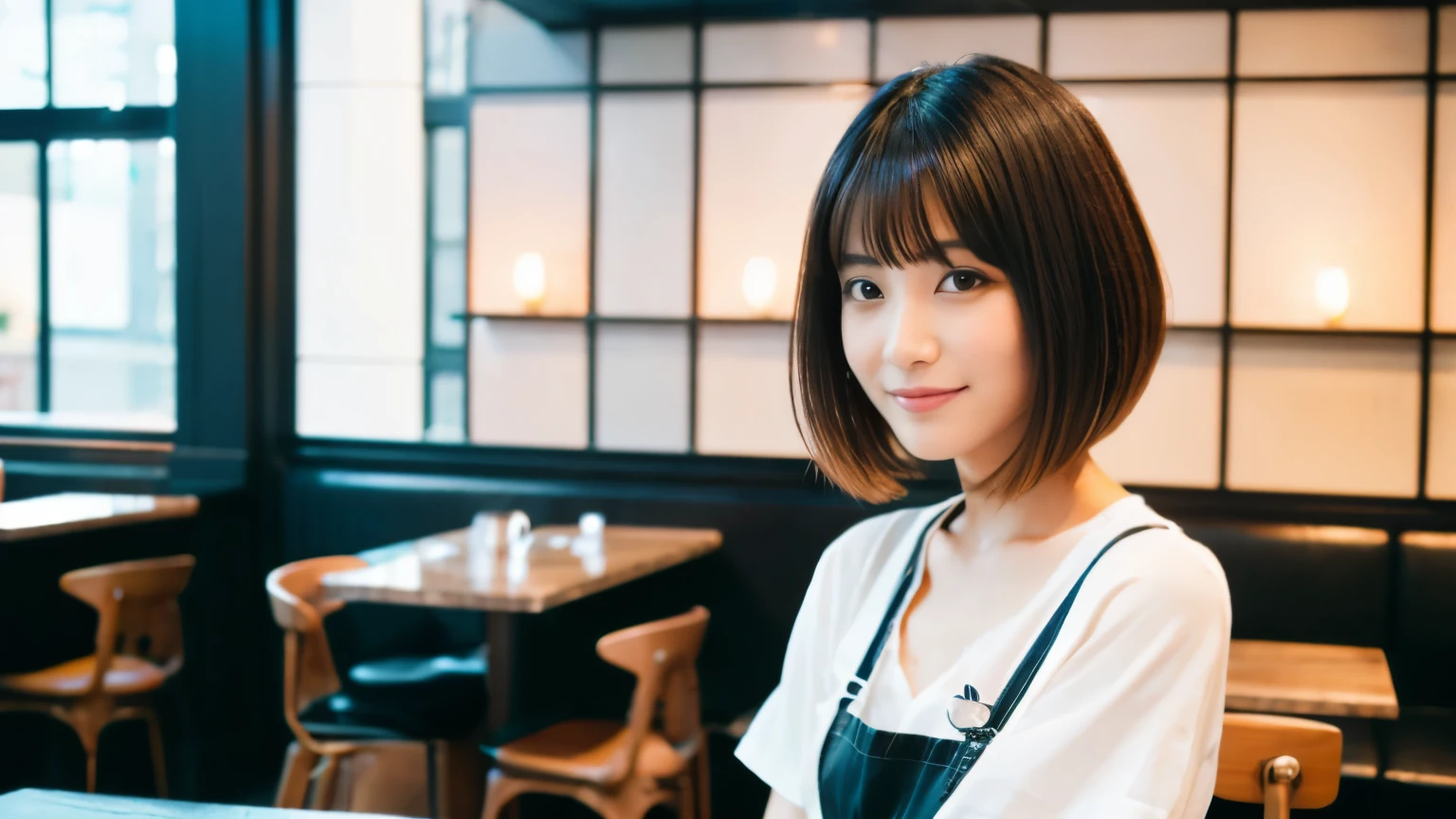 ,beauty salon model,haircut model woman,Photographed inside the cafe,Stylish cafe in New York,Japanese idol