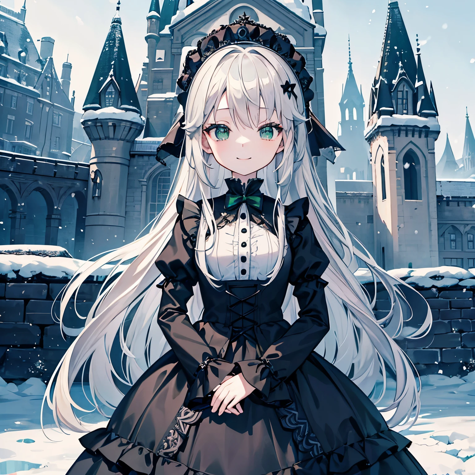 (masterpiece、4K、detailed)cute princess、black and green gothic lolita clothes(long silver hair、Alone、looking at the camera、drooping eyes、green eyes、smile、hands are in pockets)The background is a snowy castle town、