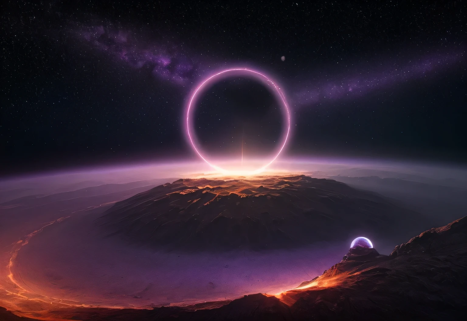 space, dreamlike, symbolism, surrealism, symbol, surreal, abstract, texture, concept art, 8k, shadowed, atmospheric, stars --uplight, sundog, perfect sun halo, circle, star, flames, bright purple light, crater, meteor
