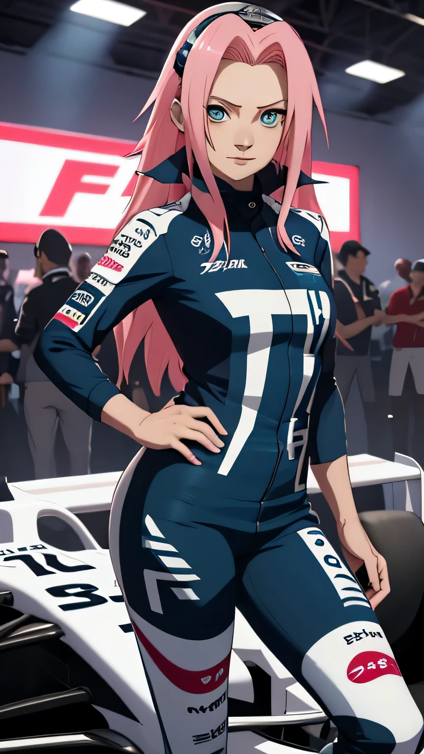 tmasterpiece, Best quality at best, 1girll, Sakura Haruno,Raised sexy,is shy,ssmile,with pink hair, long whitr hair, (Green eyeballs:1.4), Forehead protection, Pole Position, standing withher race car, anime style, bright colors, dynamic lighting, shiny finish, attention to detail, wearing full blue f1 suit, in behind full blue dragster car, petronas sponsor, mercedes logo, exciting atmosphere, race helmet on the car, vivid expressions