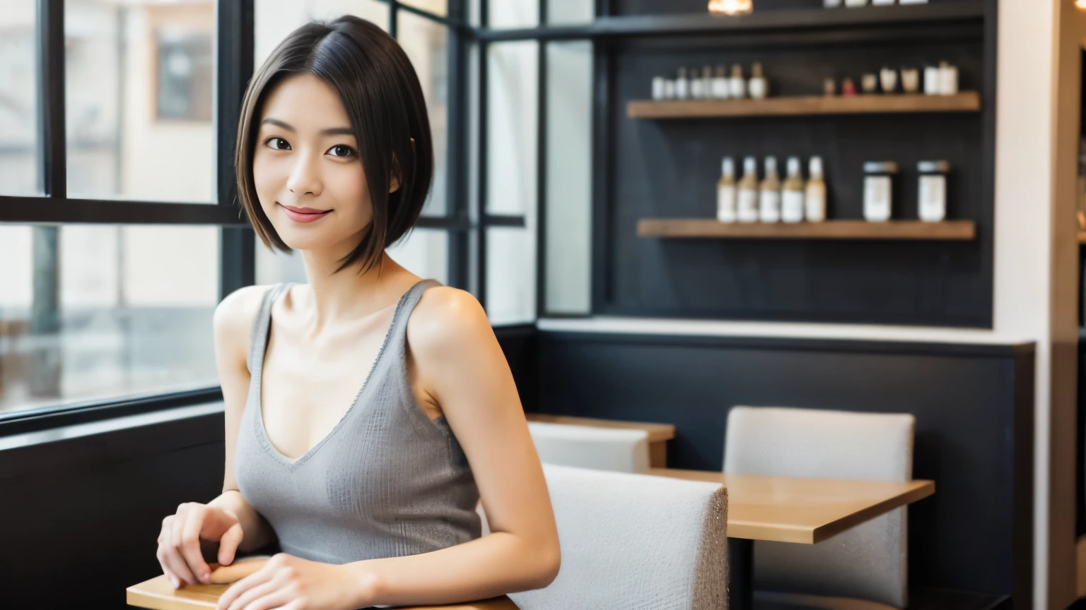 japanese woman, Beauty salon model 30 years old, slender body shape, small breasts, very thin waist, beautiful face, beautiful eyes, black short hair, She wears tight, Short gray knit dress with open back design., Sitting in a fashionable café, look back at you kindly, 1 girl, alone, detailed face and eyes, small fingers and arms. full body photo. realistic, realistic.