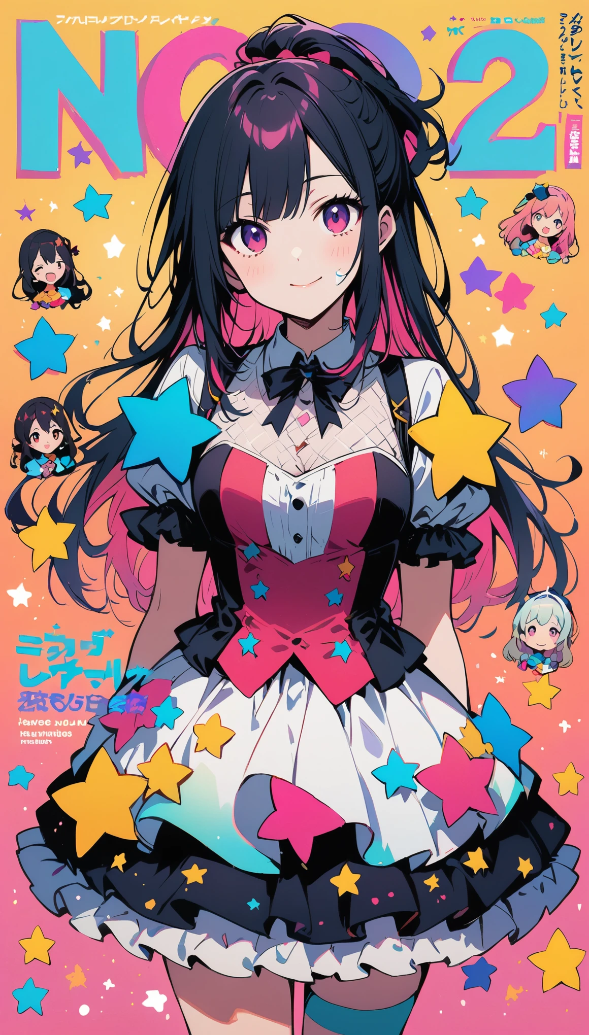 Fashion magazine cover：1 girl, Lovely , Number 25, Sweet colorful dress, Idol, There are stars on the face, medium long hair, Colorful hair. Japanese cartoons, full-body shot