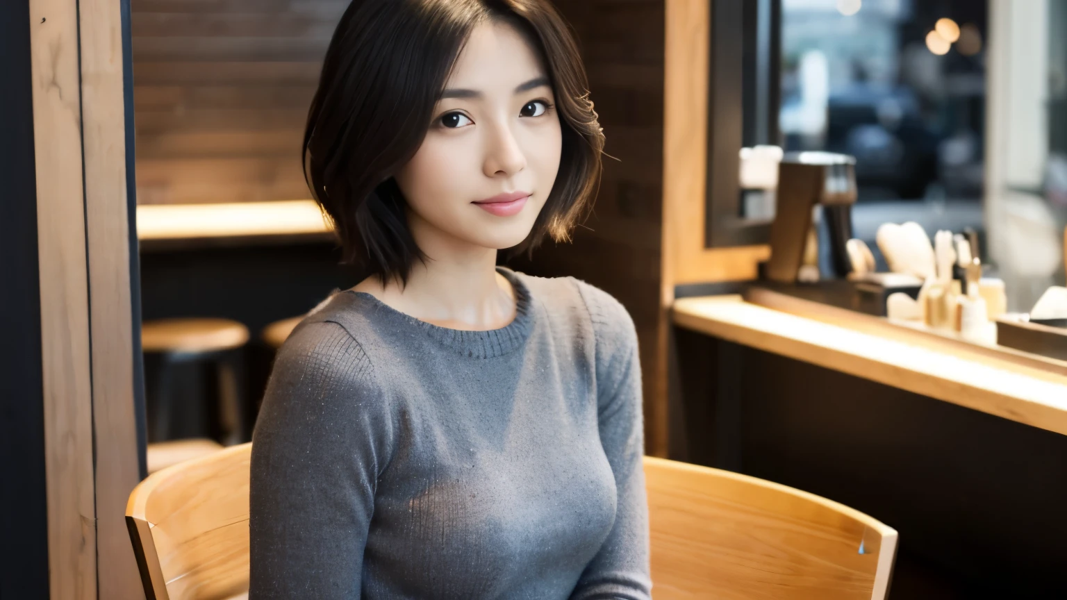 japanese woman, Beauty salon model 30 years old, slender body shape, small breasts, very thin waist, beautiful face, beautiful eyes, black short hair, She wears tight, Short gray knit dress with open back design., Sitting in a fashionable café, look back at you kindly, 1 girl, alone, detailed face and eyes, small fingers and arms. full body photo. realistic, realistic.