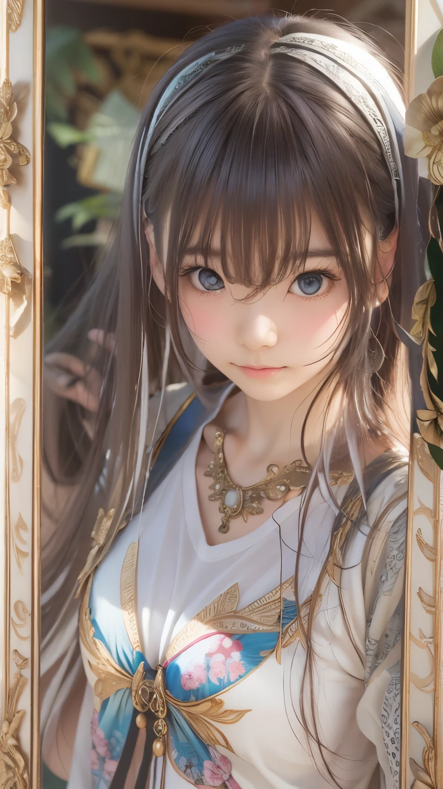 (Raw photo, highest quality), (realistic, Photo realistic: 1.3), highest quality, very detailed, masterpiece, hyper detail, figure, 1 girl, picture frame, upper_body, dynamic angle, World masterpiece Theater, Messy_length_hair, highest quality, very detailed CG 統合 8k 壁紙, ink, wonderful, cinematic lighting, lens_flare,Dunhuang_style