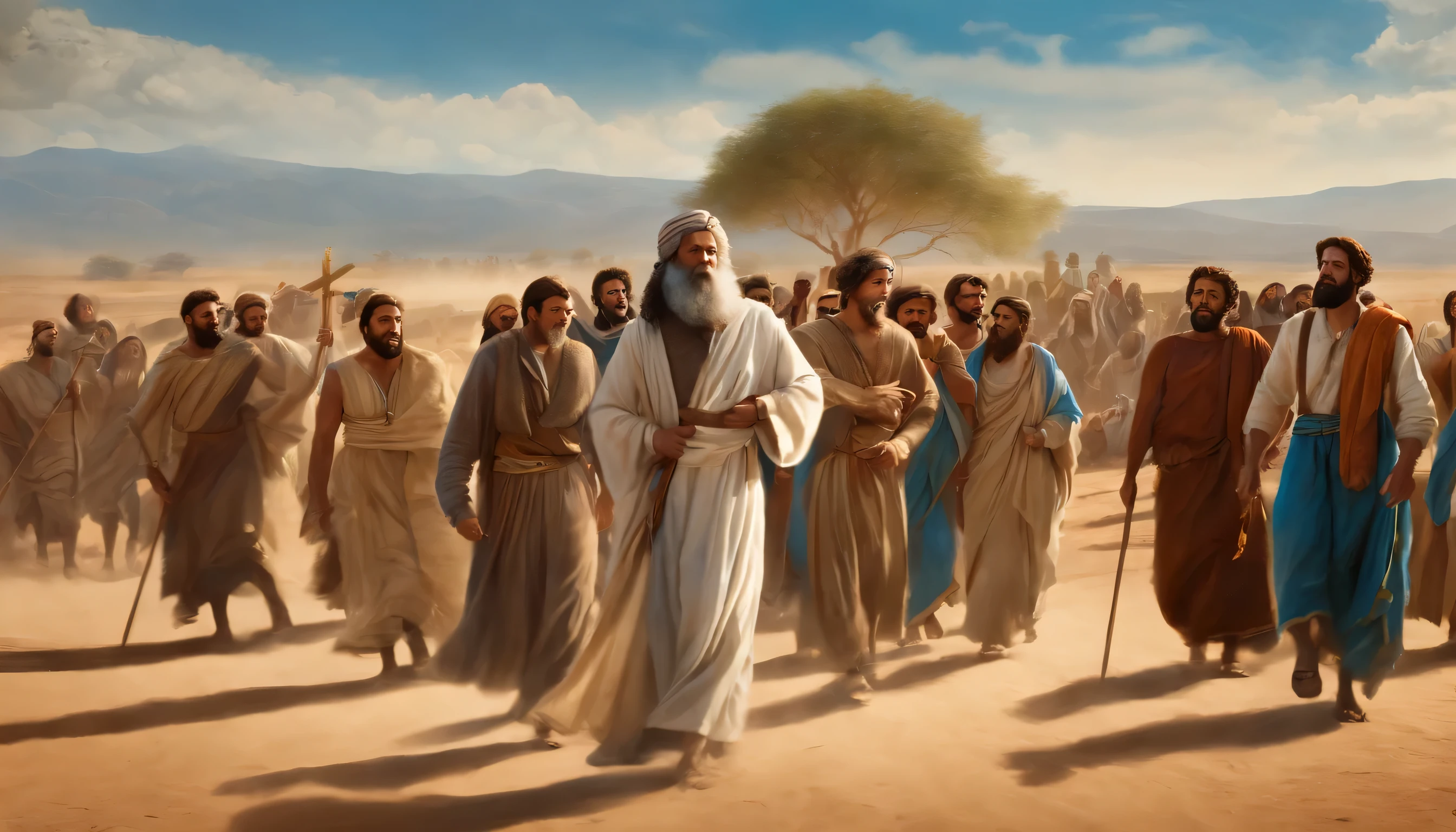 Draw an illustrative image of Moses as a figure of inspiration. The setting is majestic and uplifting, with the sun shining in the blue sky and soft clouds in the background. Moses is depicted standing, Walking ahead of the Hebrew people, com um olhar sereno e determinado em seu rosto. He is dressed in his traditional clothes, holding the staff tightly with one hand and the other extended to the sky, as if he were leading his people through the divine voice. The Hebrew people are gathered around him, homens, WOMEN AND CHILDREN, everyone looking at Moses with admiration and gratitude. Some people may be touching your clothes or holding your hands as a sign of respect. No fundo, a Terra Prometida pode ser vista em toda a sua beleza, com colinas, Rivers and fertile fields, symbolizing the realization of the journey led by Moses. The scene conveys the idea of charismatic and inspiring leadership, highlighting Moses as a spiritual guide and reference figure for his people