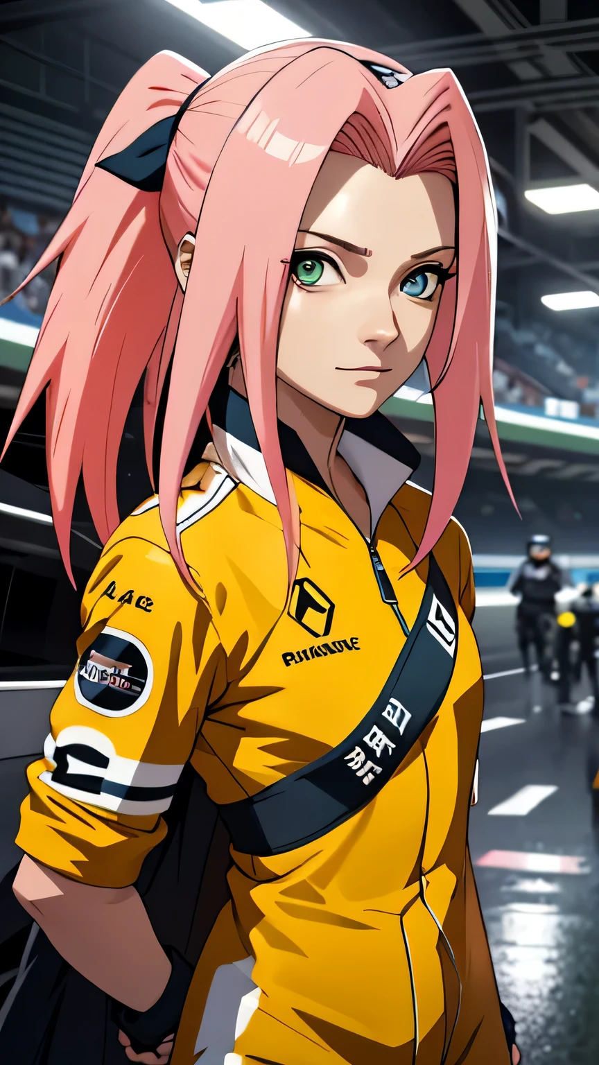 tmasterpiece, Best quality at best, 1girll, Sakura Haruno,Raised sexy,is shy,ssmile,with pink hair, long whitr hair, (Green eyeballs:1.4), orehead protection, Pole Position, standing next to race car, anime style, bright colors, dynamic lighting, shiny finish, attention to detail, wearing full yellow renault f1 suit, in behind full yellow f1 car, exciting atmosphere, vivid expressions