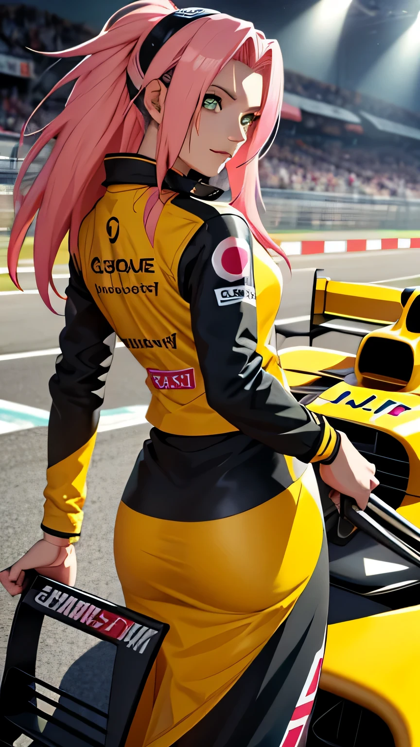 tmasterpiece, Best quality at best, 1girll, Sakura Haruno,Raised sexy,is shy,ssmile,with pink hair, long whitr hair, (Green eyeballs:1.4), orehead protection, Pole Position, standing next to race car, anime style, bright colors, dynamic lighting, shiny finish, attention to detail, wearing full yellow renault f1 suit, in behind full yellow f1 car, exciting atmosphere, vivid expressions