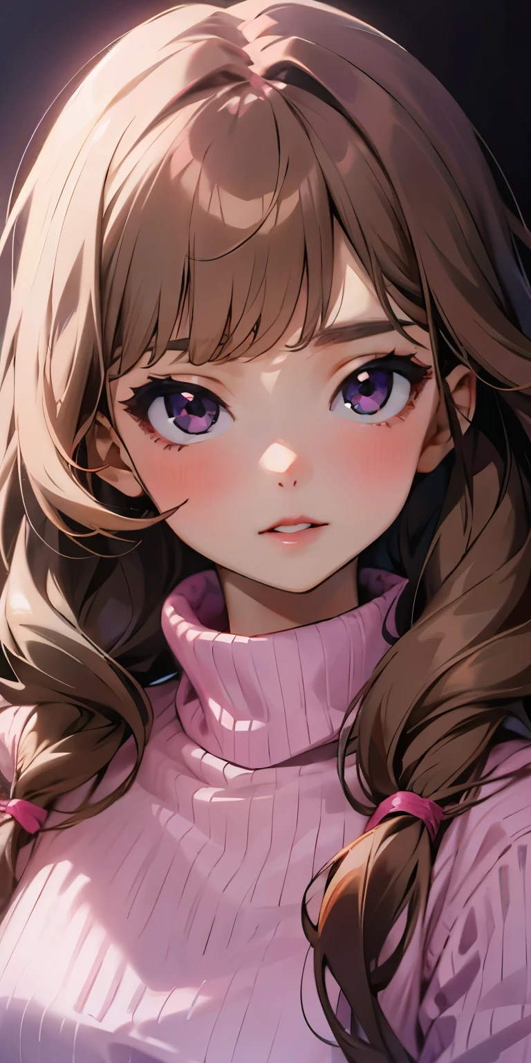 Girl, long light brown hair, gray eyes, sharp features, white skin, pink lips, purple sweater