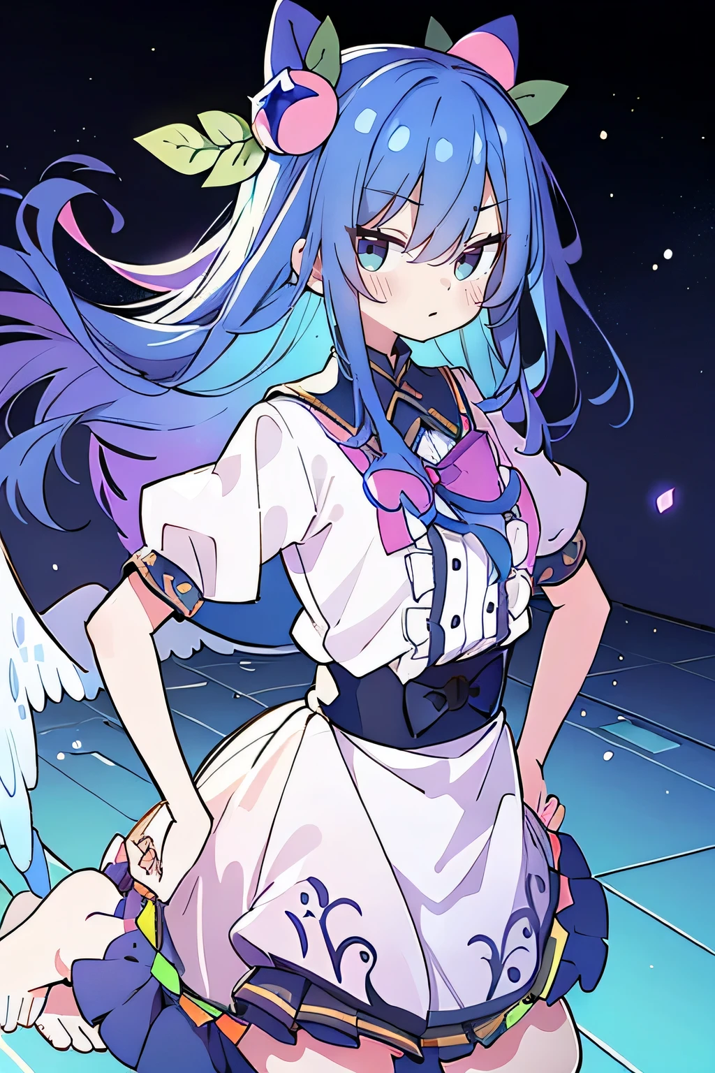 (masterpiece),best quality, expressive eyes, perfect face, 1girl,
 Put your hands on your waist,fair, Gorgeous,Japanese cartoons,girl,lola,Hina Angel, blue hair, blue haired, floating clothes,Grab your waist, Grab your waist, hands on hips , hands on hips,flat chest,sit on the floor,starry sky,