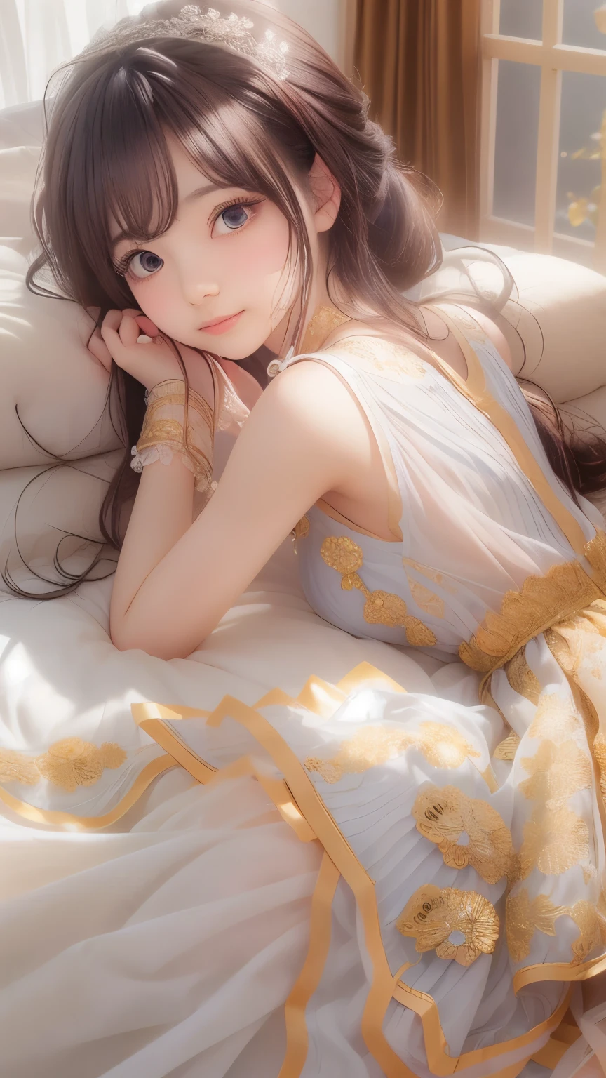 Masterpiece, Top Quality, Highly Detailed, Dress, Alone, ((Contrasting Eyes)), (lying down), (spreading legs), arms raised, armpits, from above, smiling, bedroom