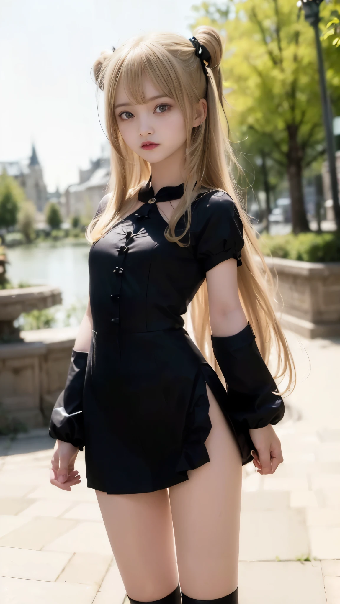 (table top), (ultra high resolution), (highest quality), (Improvement of quality), (super detailed), (accurate color), (correct anatomy), , one person, (Photoreal), ((Stroll around the castle)), (Alice's Costume, clear, short sleeve, shiny, gothic fashion:1.4), (knee high:1.4), (Super cute), (small breasts:1.5), perfect style, white skin, (beautiful eyes:1.3), (Moisturizing lips), (thin thighs), (small butt:1.2), (long straight hair, Hair:1.3, two side up:1.5), (bright blonde:1.5), (nffsw++:1.10), (RAW photo), (Professional cinematic lighting), (Brighten the contrast of shadows), (face lighting), (looking at the camera:1.5), (detailed hands), (correct anatomy:1.5), (beautiful shaped hands:1.5)