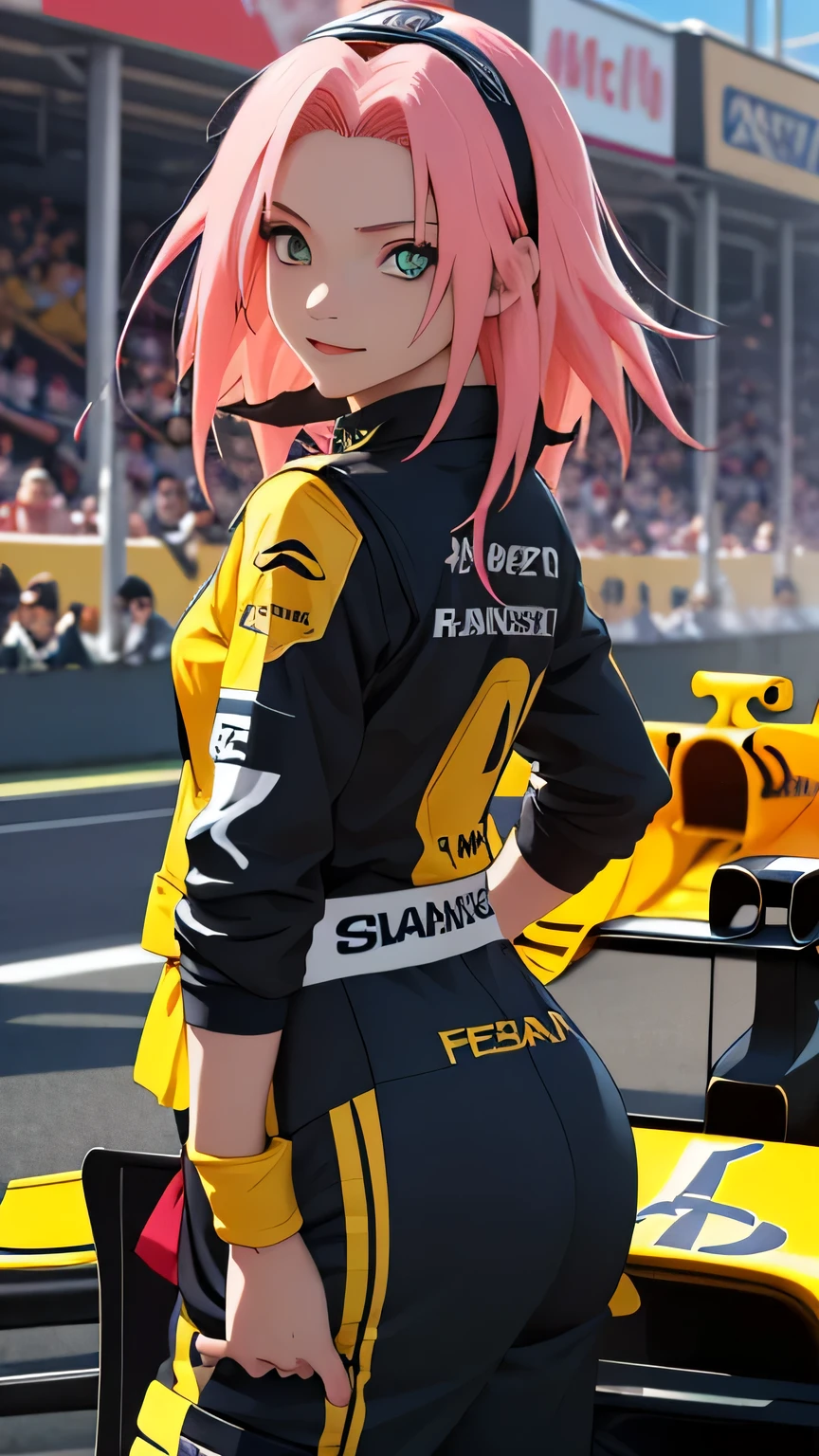 tmasterpiece， Best quality at best， 1girll， Sakura Haruno，Raised sexy，is shy，ssmile，with pink hair， long whitr hair， （Green eyeballs:1.4)， orehead protection, Pole Position, standing next to race car, anime style, bright colors, dynamic lighting, shiny finish, attention to detail, wearing full yellow renault f1 suit, in behind full yellow f1 car, exciting atmosphere, vivid expressions