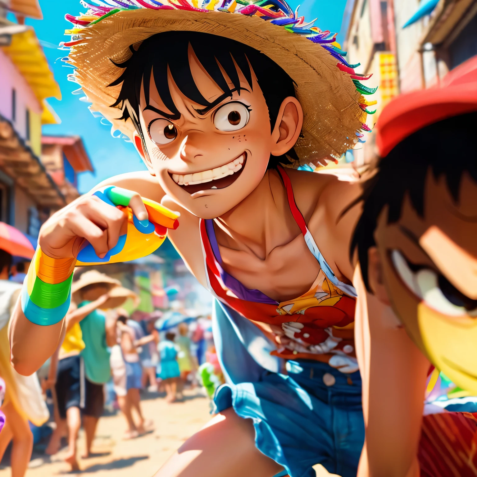 Illustration of one boy, wano style, Monkey D. Luffy, looking angry, ((anime)), straw hat, ((colorful)), 8K, ((masterpiece)), HDR, very detailed, Professional