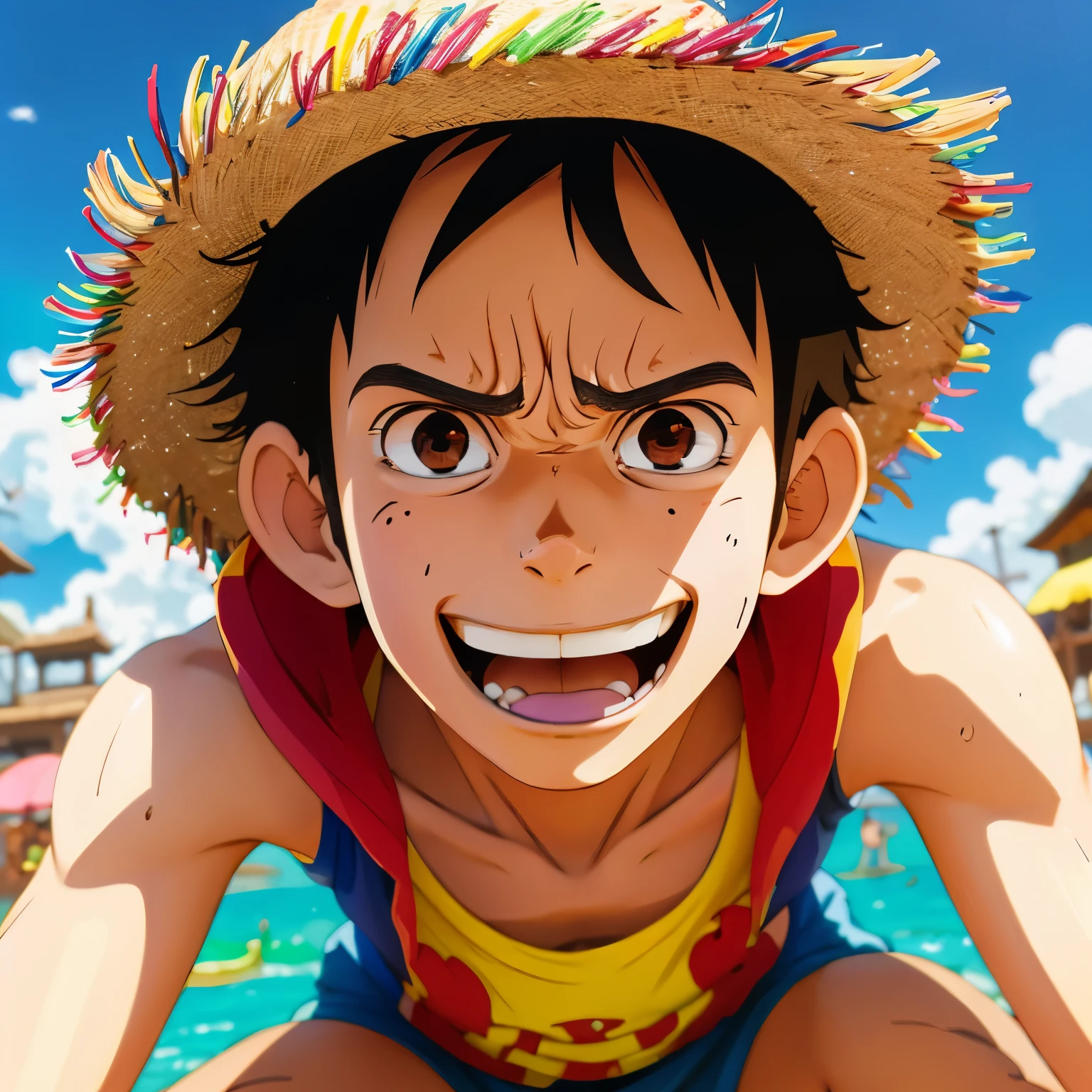Illustration of one boy, wano style, Monkey D. Luffy, looking angry, ((anime)), straw hat, ((colorful)), 8K, ((masterpiece)), HDR, very detailed, Professional
