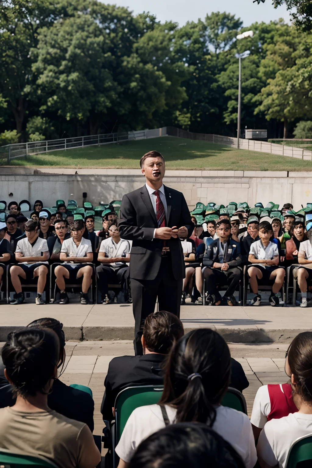 A realistic photo of a male teacher delivering a powerful and dictatorial speech in front of roughly a large number of high-school students, sitting outdoor atmosphere and listening attentively with confusion