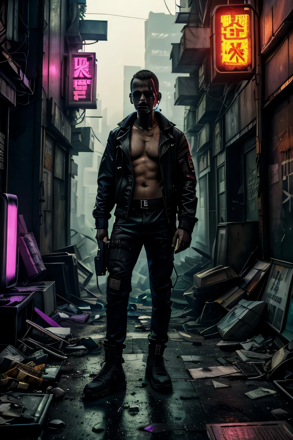 Title: Cyberpunk Dystopia: Depiction of a Drug Addict in a Futuristic Slum
Description: Generate an image portraying a drug addict amidst the cyberpunk dystopia of a gritty urban slum. The scene should reflect the desolation and decay of the environment, with dilapidated buildings towering overhead and neon signs flickering in the smog-filled air. The drug addict should be depicted in a state of vulnerability, consumed by their addiction and surrounded by the paraphernalia of substance abuse. The cyberpunk atmosphere should permeate the scene, with elements of advanced technology juxtaposed against the urban decay. The overall imagery should evoke a sense of despair and hopelessness, highlighting the dark underbelly of a futuristic society plagued by addiction and societal neglect.