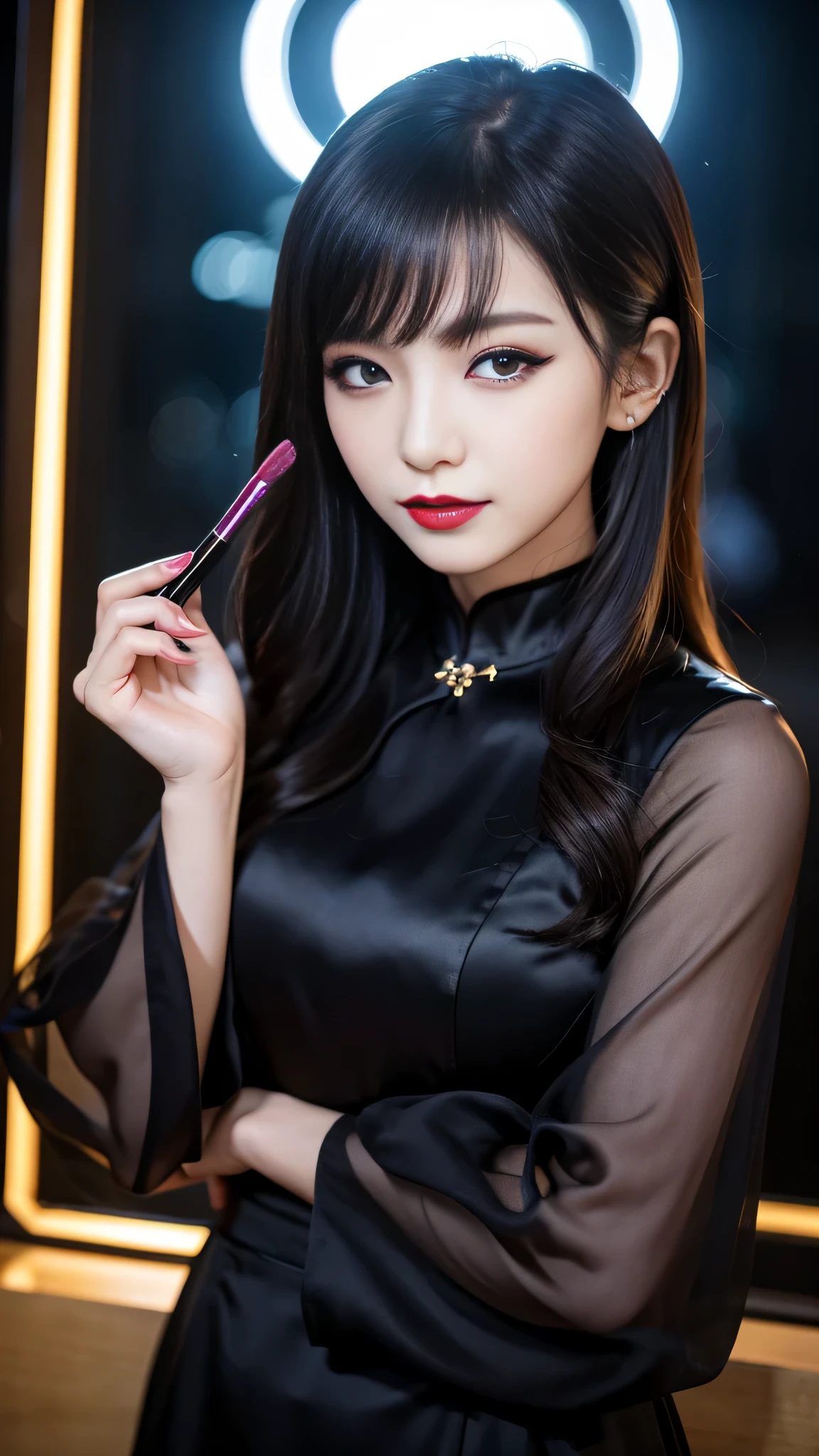 tra-detailed、Japanese、attractive beauty、seductive adult woman、pretty woman、piercing eyes、cool girl、wavy hair、swept bangs、Long Black Cheongsam、wide sleeves、Evil cadres、evil depravity、brainwash、mind control、lipstick、lip gloss、dark makeup、smirk、evil look、evil、hollow eyes,half-closed eyes、empty eyes、evil、night walk、vampire、succubus、vampire、makeup brush、Swear allegiance、stand