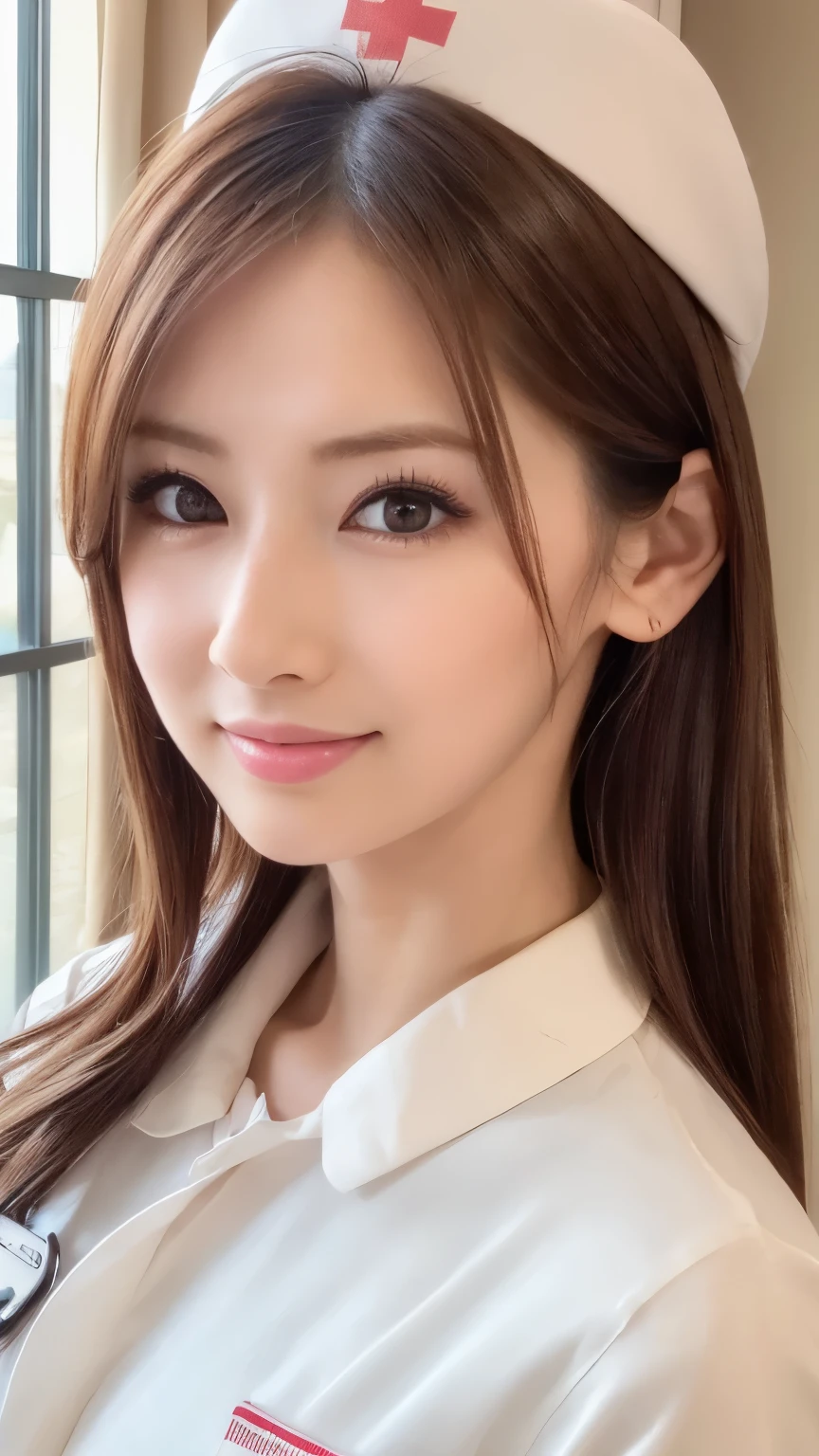 (UHD, masterpiece, anatomically correct, textured skin, super detail, best quality, highres, 8k, bloom, Front Light), (Cute and sexy 24 year old nurse, sexy face, distant eyes, Gentle eyelids, thin eyebrows, Gentle corners of the eyes, beautiful aquiline nose:1.4, completely charm you, Eyes that feel erotic, A taste of beautiful eroticism, Too cute beauty), (brown hair, long hair, horizontal French twist hair:1.4, bangs), (gal makeup, eyeliner, lip gloss), (Medium chest, Slender proportions), (looking at the camera, Photographed from the front:1.3, Close-up), (nurse uniform, nurse cap), (hospital, hospital room, standing near the big window), smile, Kitagawa Keiko:0.5