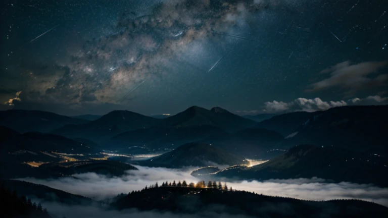 a beam of light shooting up into a starry night sky with the Milky Way visible above a landscape of dark mountains and a sea of clouds, surrounded by a dense forest