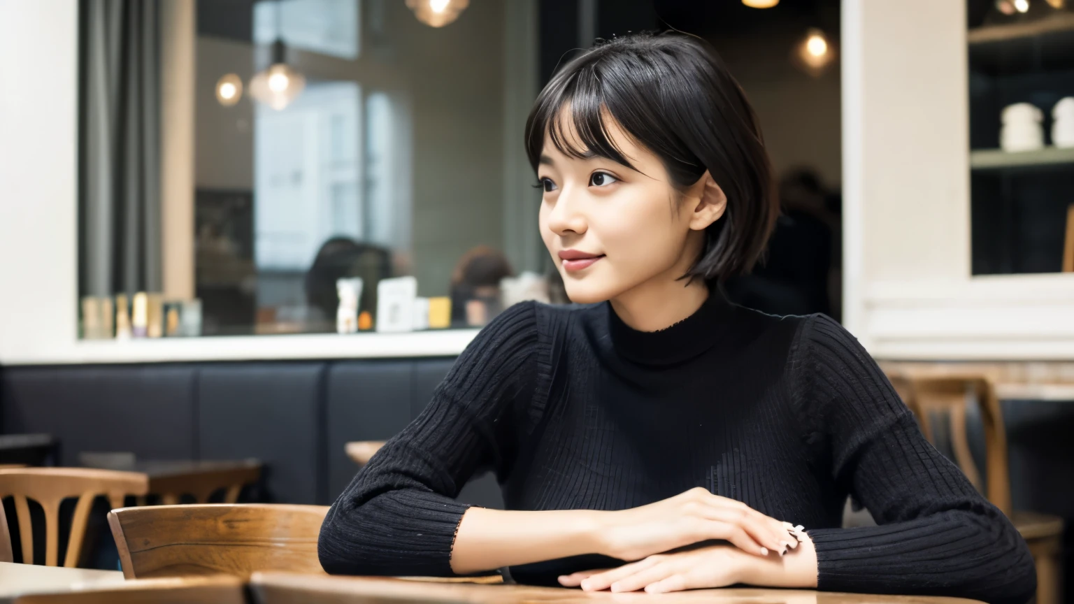 japanese woman, Beauty salon model 30 years old, slender body shape, small breasts, very thin waist, beautiful face, beautiful eyes, black short hair, She wears tight, Short gray knit dress with open back design., Sitting in a fashionable café, look back at you kindly, 1 girl, alone, detailed face and eyes, small fingers and arms. full body photo. realistic, realistic.,　choker