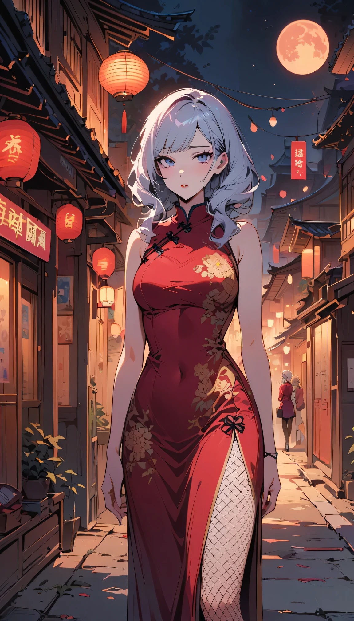  Fashion magazine cover: night, full moon, 1 adult woman, Chinese Architecture, cheongsam, China costume, Royal sister, cold face, Poker face, woman with long silver hair, light pink lips, fishnet stockings, calm, intellectuals, Three bangs, gray pupil, street view, facial details,masterpiece, best quality,