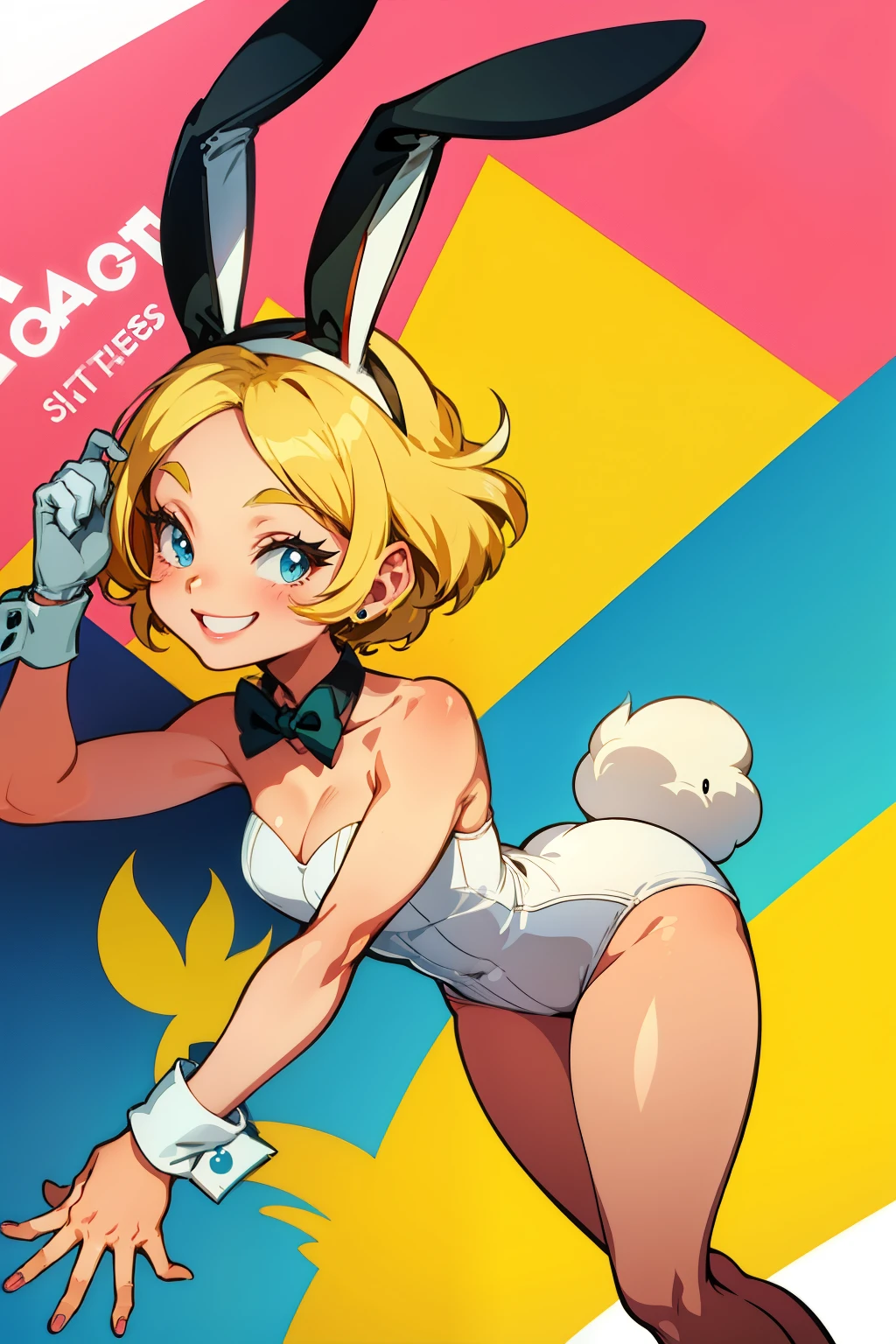 Minimalist art style, Vintage loony tunes style, Female rabbit smiling brightly,