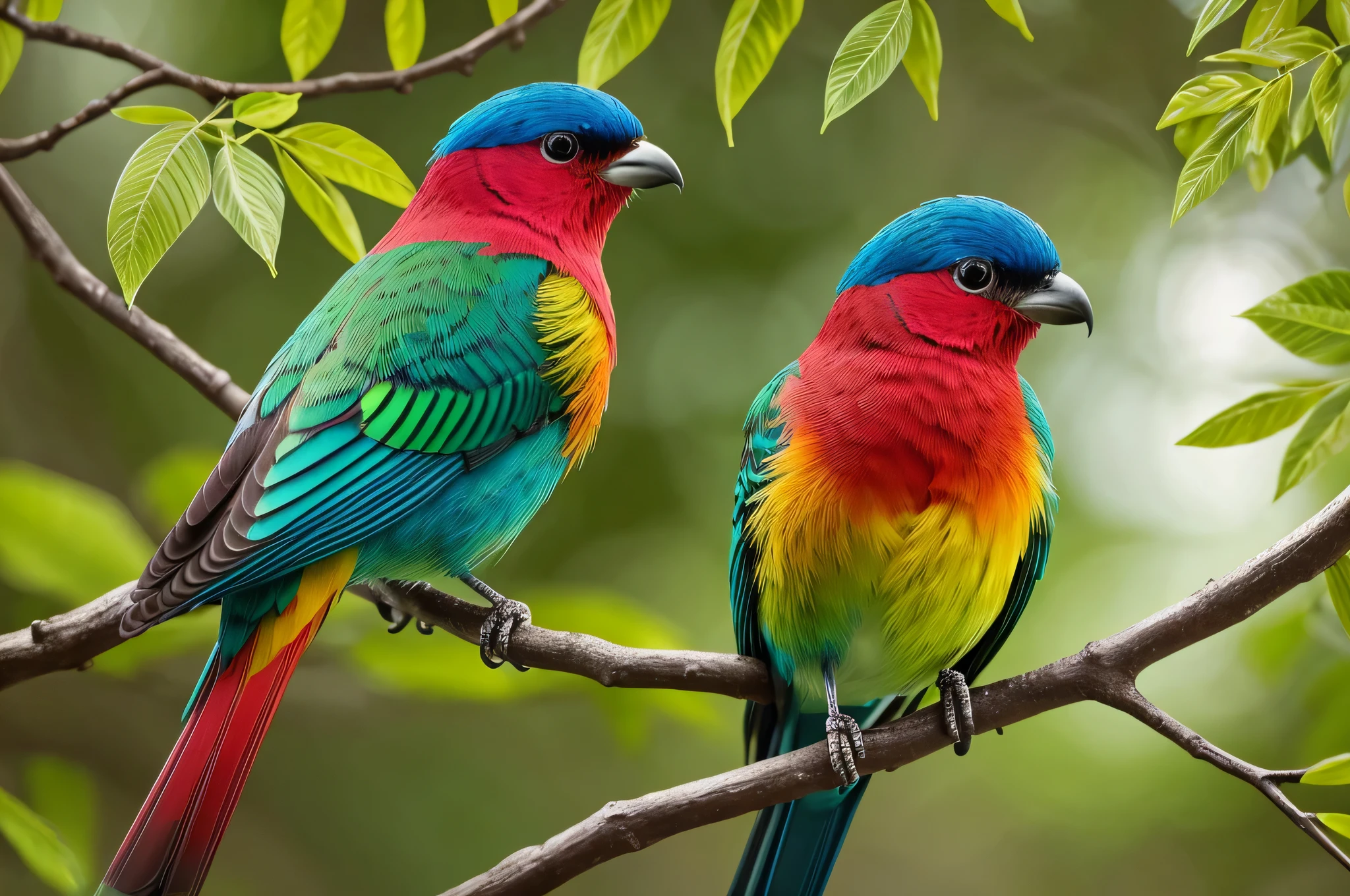 Colorful bird perched on branch with green leaves background, 4k Highly detailed figures艺术, Detailed painting 4k, Beautiful art ultra hd 4k, Beautiful digital painting, Digital painting is very detailed, Colorful 8K, colorful bird，growing, Colorful HD pictures, Beautiful digital artwork, 4k detailed digital art, Highly detailed figures