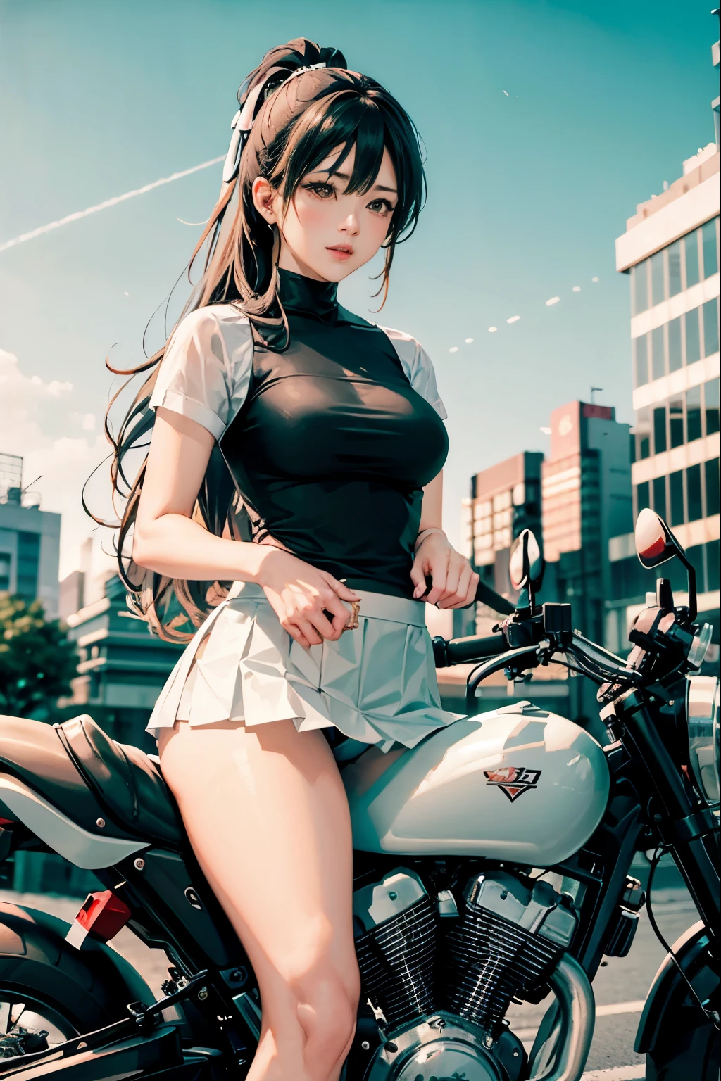 Japan riding a bicycle,The miniskirt is riding up、white panties、ponytail、beautiful thighs、Her knees are up、I can see white pants.、Beautiful panties、beautiful girl、Beautiful woman、Beautiful woman、lolicon hentai、Beautiful panties、beautiful thighs、beautiful girl、Beautiful woman、Happy!!!, , motorcycle,[ realistic pictures ]!!, High resolution,