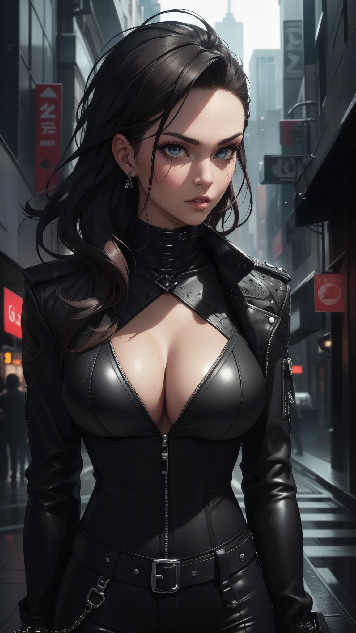 (ultra-detailed,photo-realistic:1.37),beautiful detailed eyes,beautiful detailed lips,sexy,edgy woman,stylish clothing,sleek hairstyle,dark makeup,intense gaze,confident expression,leather jacket,dramatic lighting,vibrant colors,cityscape background,fierce attitude,high fashion,grunge style