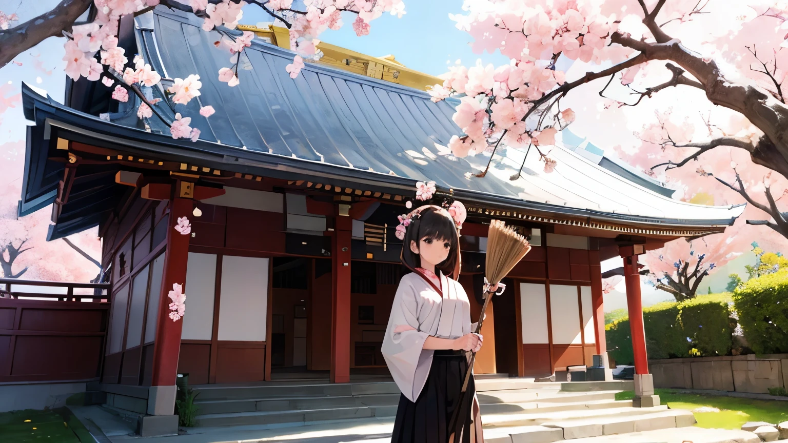 girl with broom　shrine　Spring cherry blossoms in the background　inside the temple
