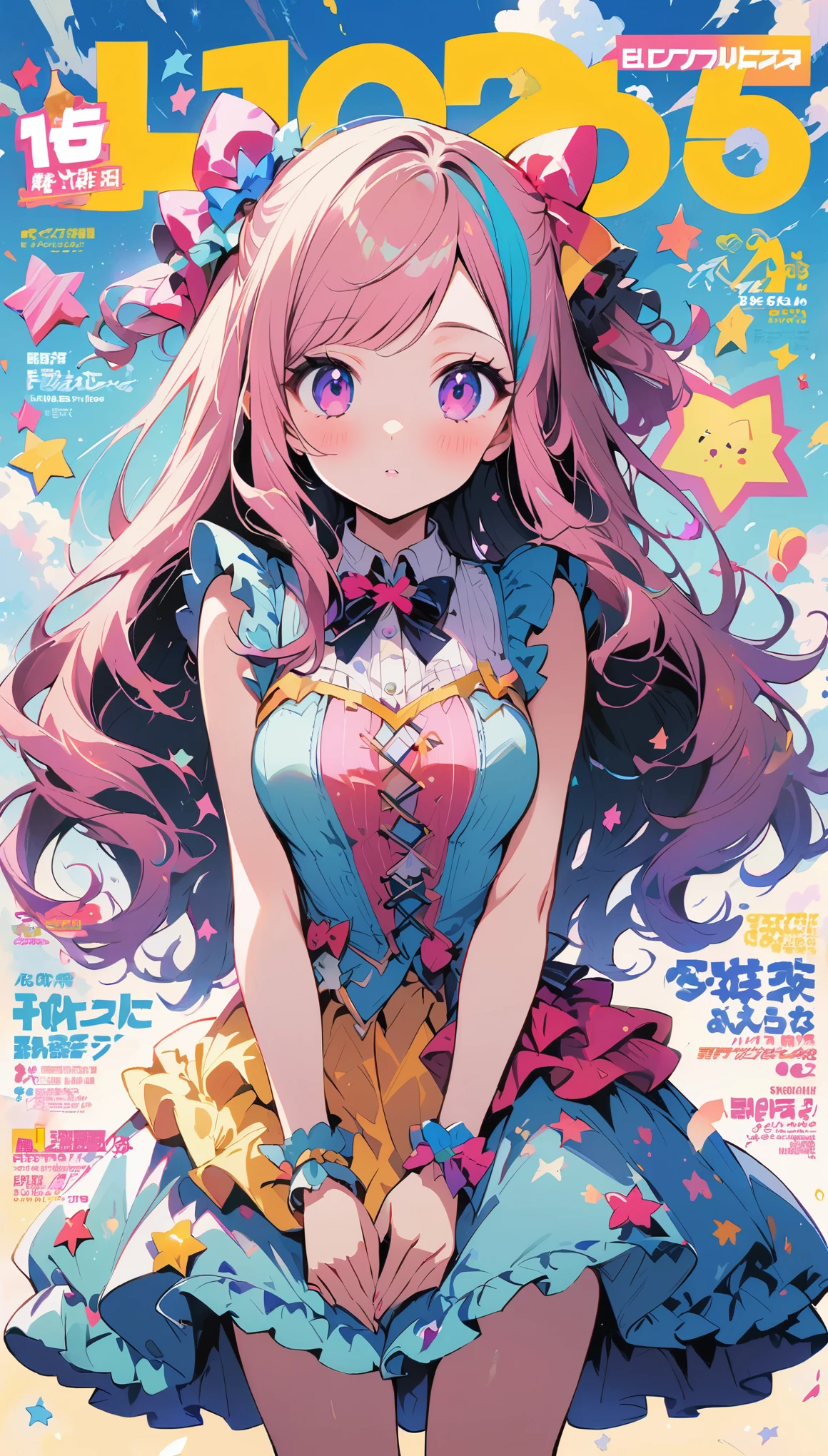 Fashion magazine cover:1 girl, Lovely , Number 25, Sweet colorful dress, Idol, There are stars on the face, medium long hair, Colorful hair. Japanese cartoons, full-body shot