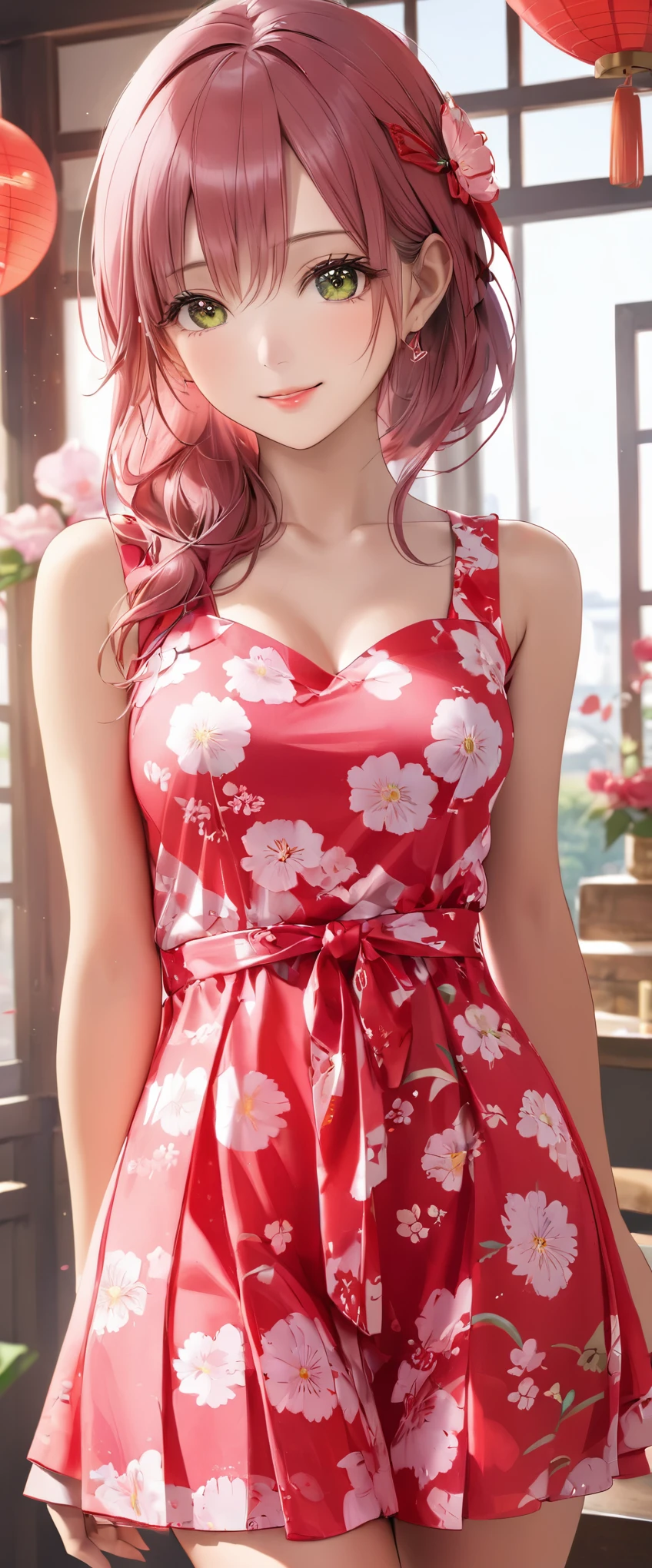 (masterpiece,highest quality,超A high resolution),japanese woman, (((Very beautiful 25 year old girl))), pretty girl、look at the photographer､  ((beautiful low ponytail)), super cute face, glossy lips, double eyelids in both eyes,natural smile、 natural makeup, long eyelashes, Shiny and smooth hair､center image,  perfect limbs, perfect anatomy,(((dress))、party venue,