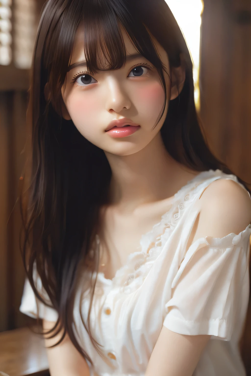 table top, highest quality, 8K, high school girl、white blouse、beautiful girl、idol face、、laughter、in a Japanese classroom、Portrait、high detail、background blur、D cup breasts、shortcut、masterpiece, Super detailed, 超A high resolution, Detailed RAW color photos, very delicate and beautiful, very detailed, 8k wallpaper, amazing, detailed, very detailed目, very detailed肌, very fine fingers, hvery detailed nose, very detailed口, perfect anatomy,