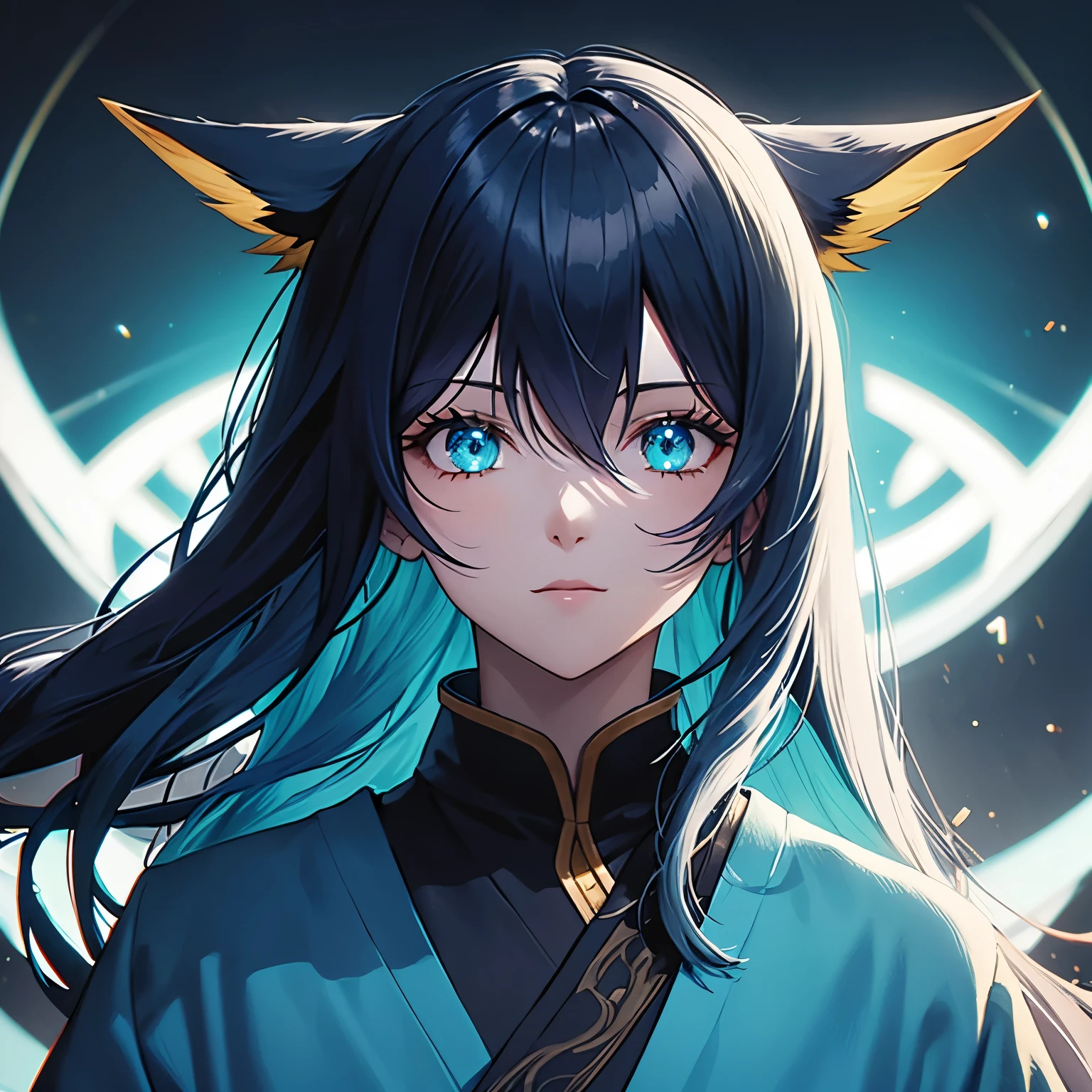 Woman with dark blue to turquoise shoulder-length hair. Haaren haben einen Pony. Yellow glowing eyes and fox-like appearance. white kimono