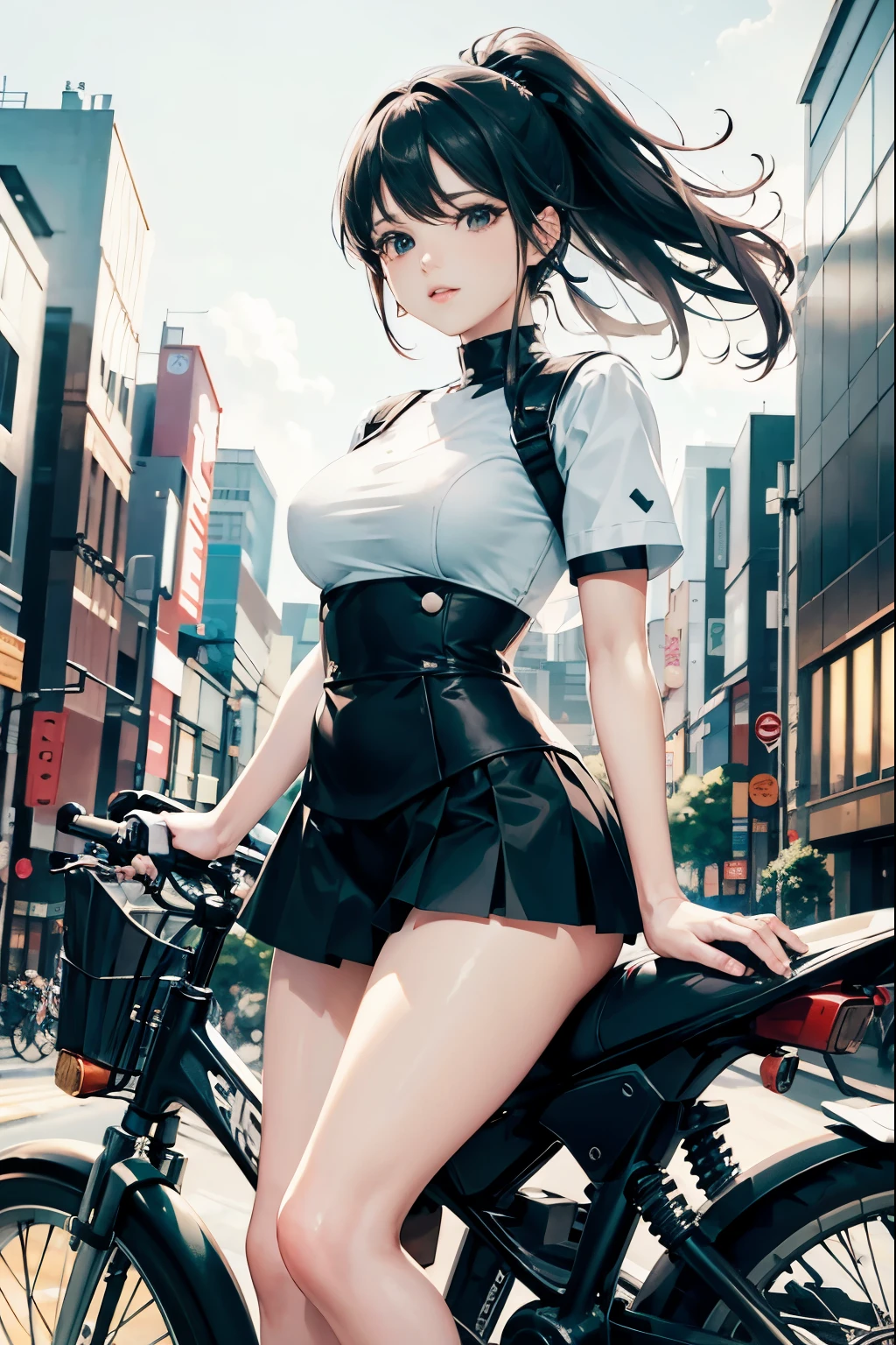 Japan riding a bicycle,The miniskirt is riding up、white panties、ponytail、beautiful thighs、Her knees are up、I can see white pants.、Beautiful panties、beautiful girl、Beautiful woman、Beautiful woman、lolicon hentai、Beautiful panties、beautiful thighs、beautiful girl、Beautiful woman、Happy!!!, , motorcycle,[ realistic pictures ]!!, High resolution,