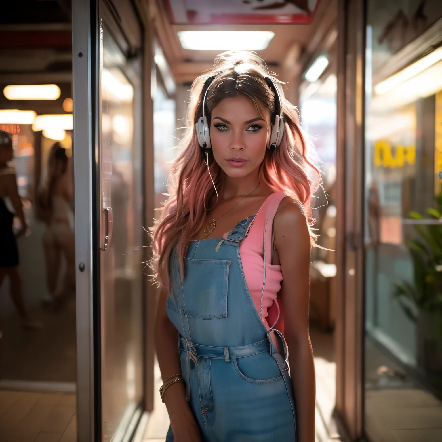 prominently featuring the iconic red telephone booth; the image has a vintage feel and is reminiscent of the mod fashion era in the 1960s. The woman's eyes are strikingly expressive, with long eyelashes and a mesmerizing gaze. Her lips are perfectly defined and have a natural pink hue. She exudes confidence and style as she poses against the backdrop of a bustling street, capturing the vibrant energy of London. The image is of the highest quality, with ultra-detailed textures and vibrant colors that make every aspect come to life. The lighting is soft yet dramatic, casting a beautiful glow on the woman and creating depth in the scene. The artwork is done in a digital painting medium, combining the charm of traditional illustrations with a modern touch. The overall color palette is rich and warm, with a focus on earthy tones and pops of vibrant red to highlight the telephone booth. The image showcases the intersection of urban fashion, cityscape, and individuality, creating a visually captivating and aesthetically pleasing masterpiece
