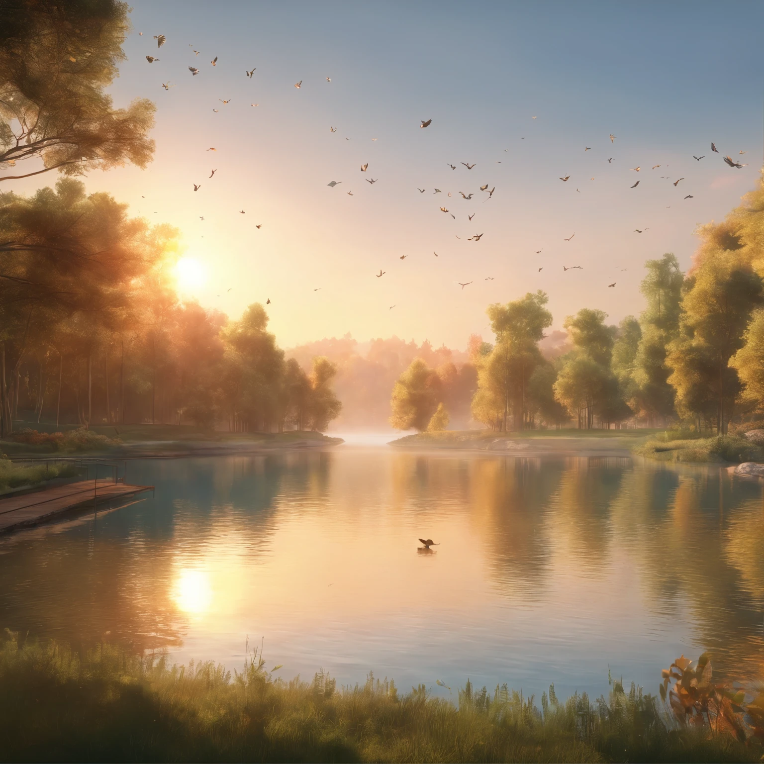 A serene landscape, such as a calm lake or a peaceful forest, bathed in soft sunlight, Birds chirping in the background, adding to the tranquil ambiance, A subtle overlay of warm colors to evoke a sense of tranquility and serenity, high resolution, masterpiece