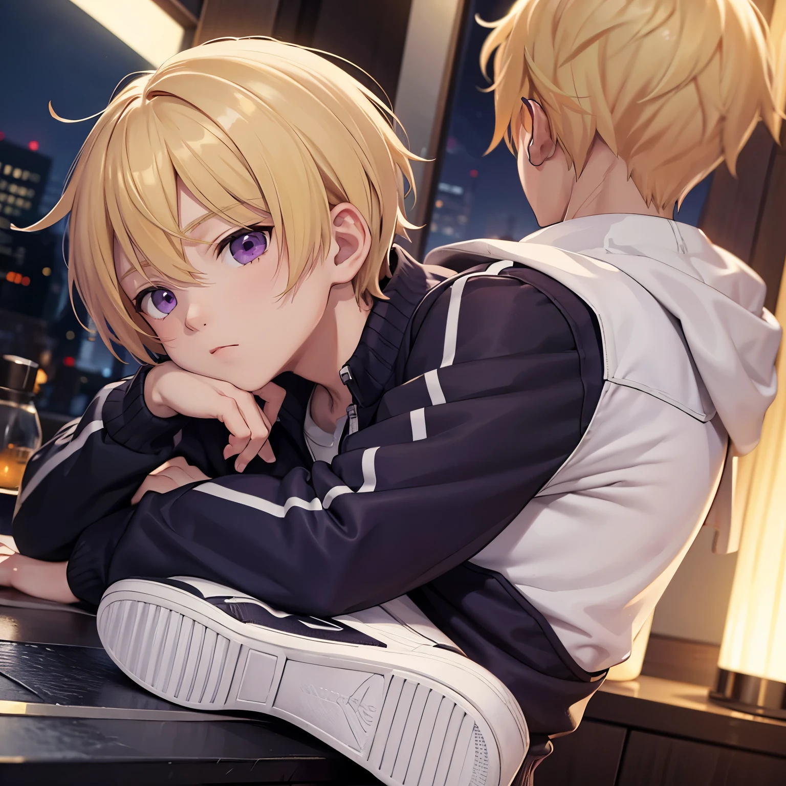 Blonde hair, short hair, male, boy, guy, tracksuit, shoes, night, mixed skin, light skin, closeup, portrait, purple eyes