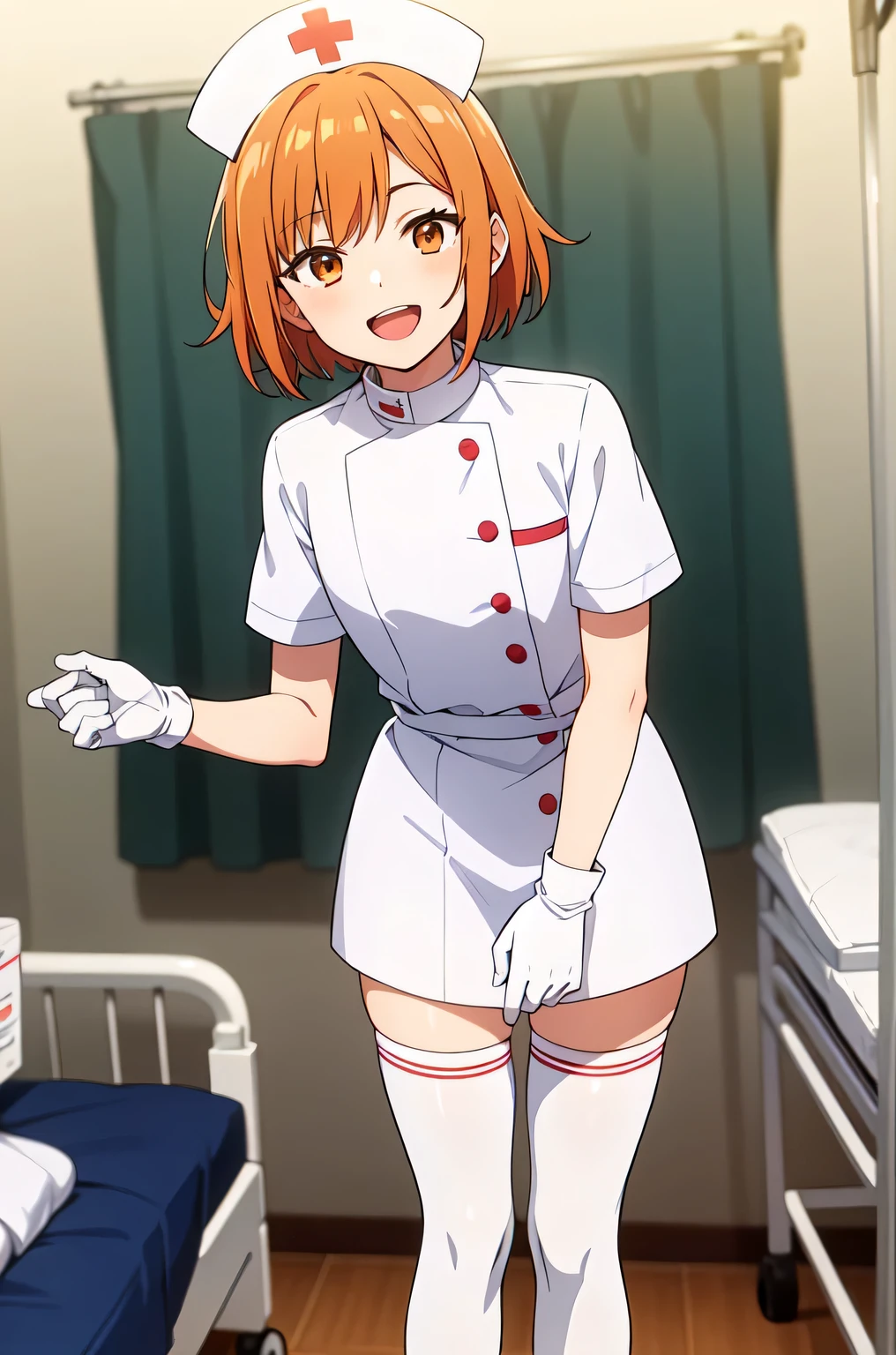 1boy, solo, male focus, nurse, white nurse cap, white nurse uniform, ((white legwear, zettai ryouiki)), white gloves, short hair, orange hair, smile, open mouth, standing, ((hospital room)), sharp outline, short sleeves, shota, 12 years old, best quality, masterpiece