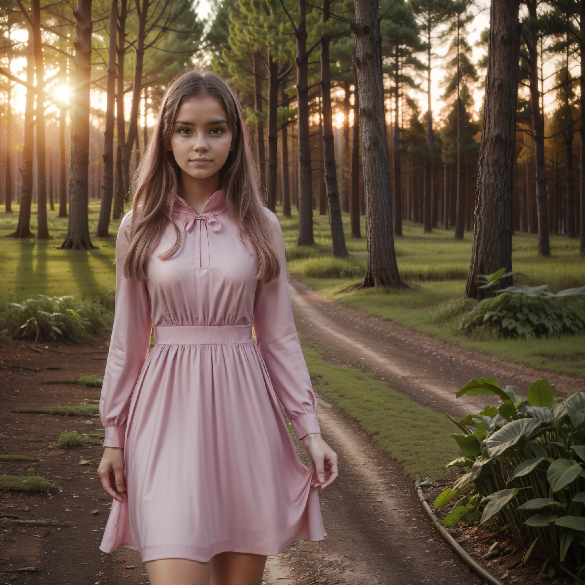 young woman looking at the camera, pink dress, spring forest with mystical atmosphere, bright sunset